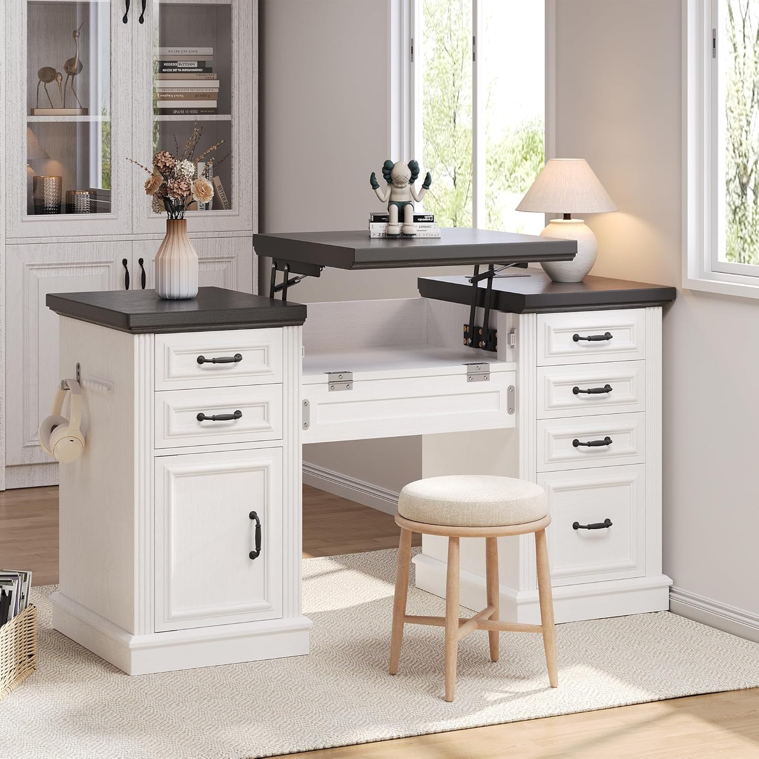 Farmhouse 57" Lift Up Executive Desk with 5 Drawers and Charging Station, Wood Home Office Computer Desk with File Cabinet Storage, Keyboard Tray,Headphone Hook for Work,Study (White+Black)