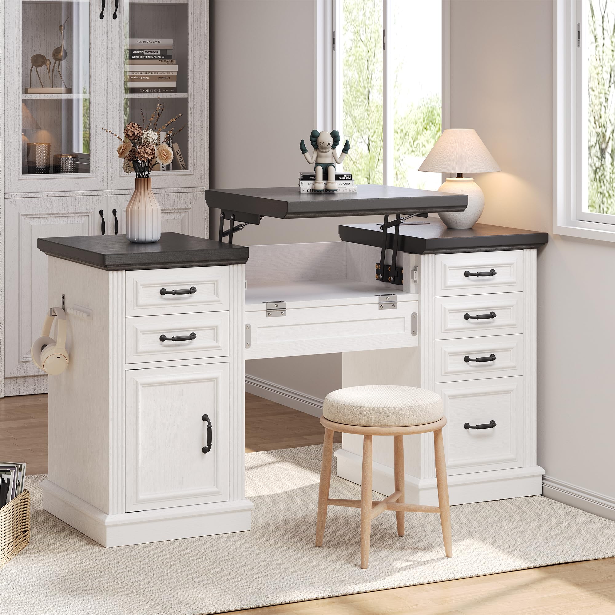 Farmhouse 57" Lift Up Executive Desk with 5 Drawers and Charging Station, Wood Home Office Computer Desk with File Cabinet Storage, Keyboard Tray,Headphone Hook for Work,Study (White+Black)(Box A 1 of 2 only)