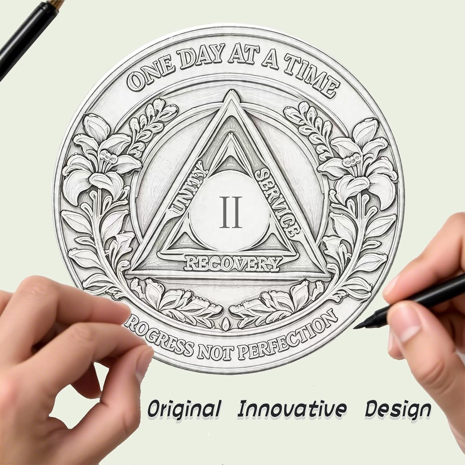 AA Sobriety Coin One Day at a Time Serenity Prayer Medallion, Recovery Chip with Unity Service Recovery Triangle, Inspirational Alcoholics Anonymous Gift (Progress Not Perfection-Indigo, 2 Years)