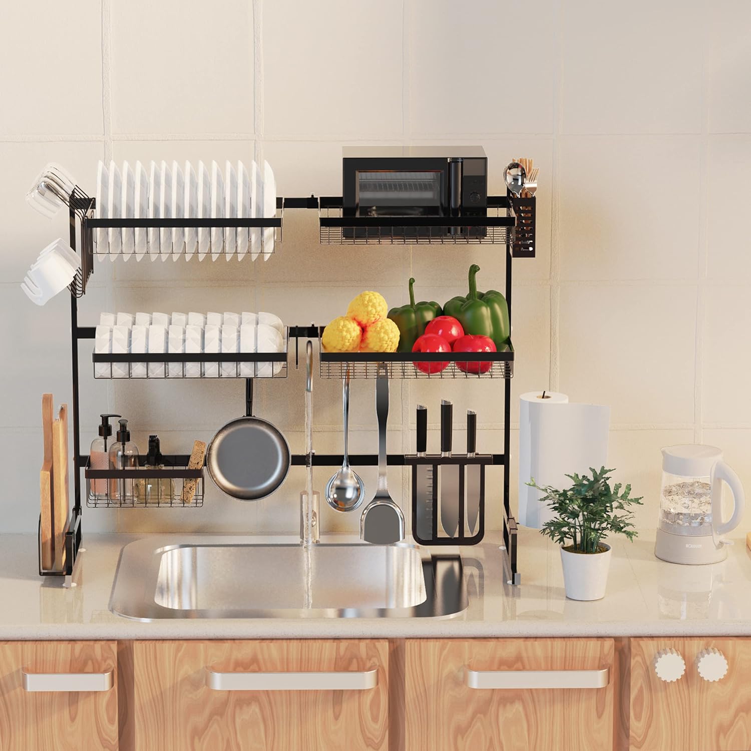 Over The Sink Dish Drying Rack, 3 Tier Stainless Steel Adjustable (33''-40'') Large Kitchen Dish Drainers for Home Counter Storage, Above Sink Non-Slip Shelves Organizer (Black)