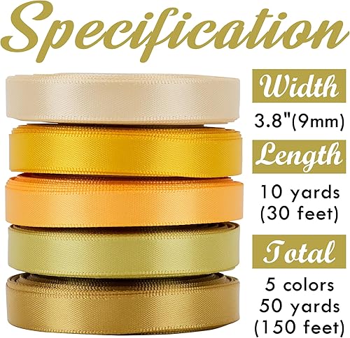 Miniatura 2 de HUIHUANG Cinta fina de satén de 38 de pulgada, 5 rollos en total de 50 yardas surtidas champán, amarillo dorado, oro Vegas y oro pálido para