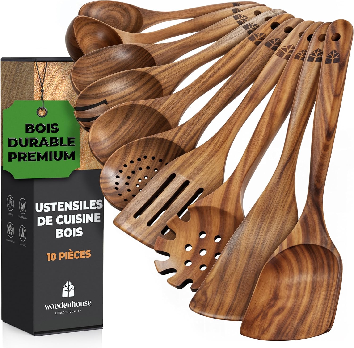 Ustensiles de cuisine bois - Ensemble premium en teck de 10 pièces avec cuillère en bois et spatule cuisine - facile à nettoyer - Léger, résistant à la chaleur, durable et anti-rayures