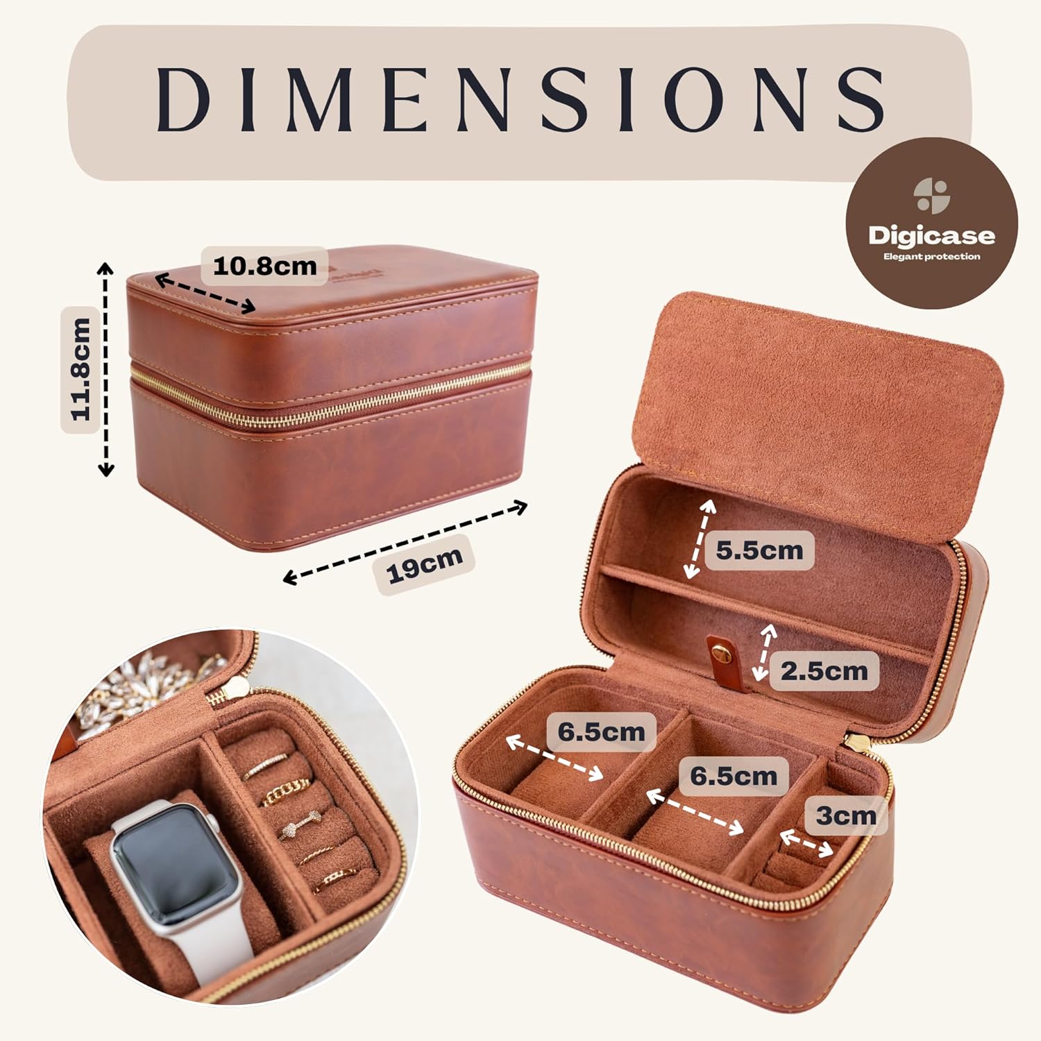 Watch and Jewelry Travel Case for Men & Women, Luxury PU Leather Organizer for 2 Watches, Rings, Earrings & Sunglasses - Black - Zippered Compact Travel Storage Jewelry Holder Gift (BROWN)