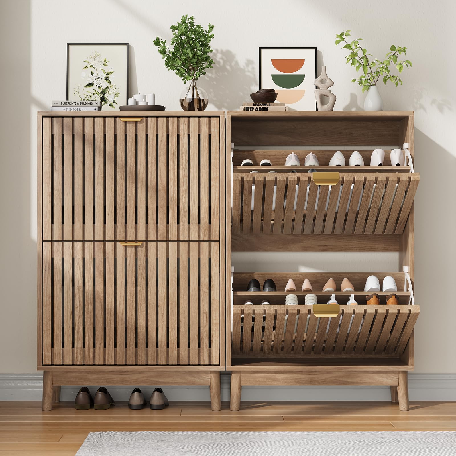Kiasthome Mueble Zapatero de Madera con 2 Cajones Abatibles, Organizador de Zapatos con Puertas Rejilladas Ventiladas, Zapatero Moderno para Entrada, Pasillo y Salón (Natural, 60 cm)