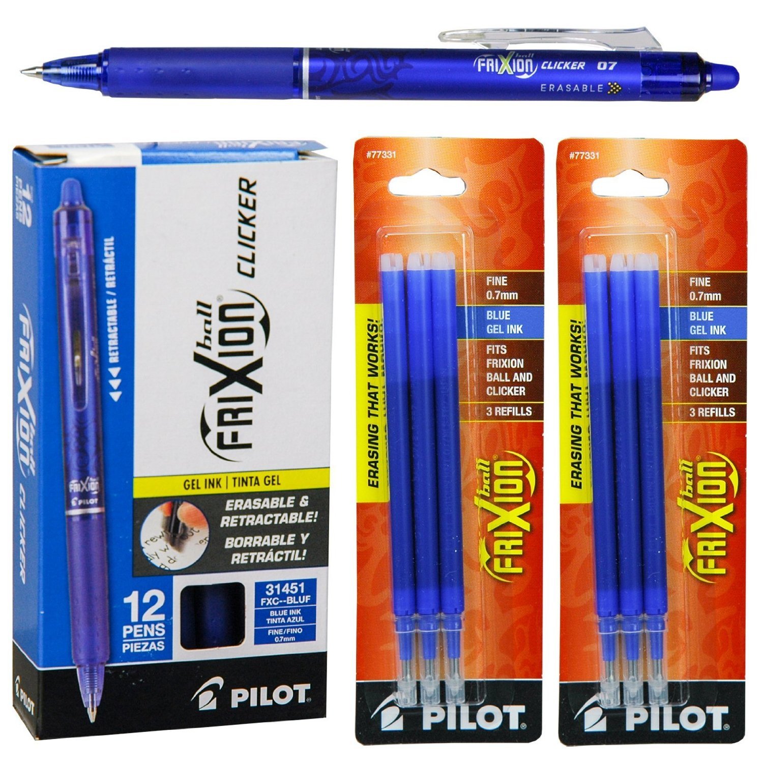 Pilot FriXion Clicker - Bolígrafos retráctiles de tinta de gel, borrables, punta fina de 0,7 mm, tinta azul, paquete de 12 con 2 paquetes de recambios