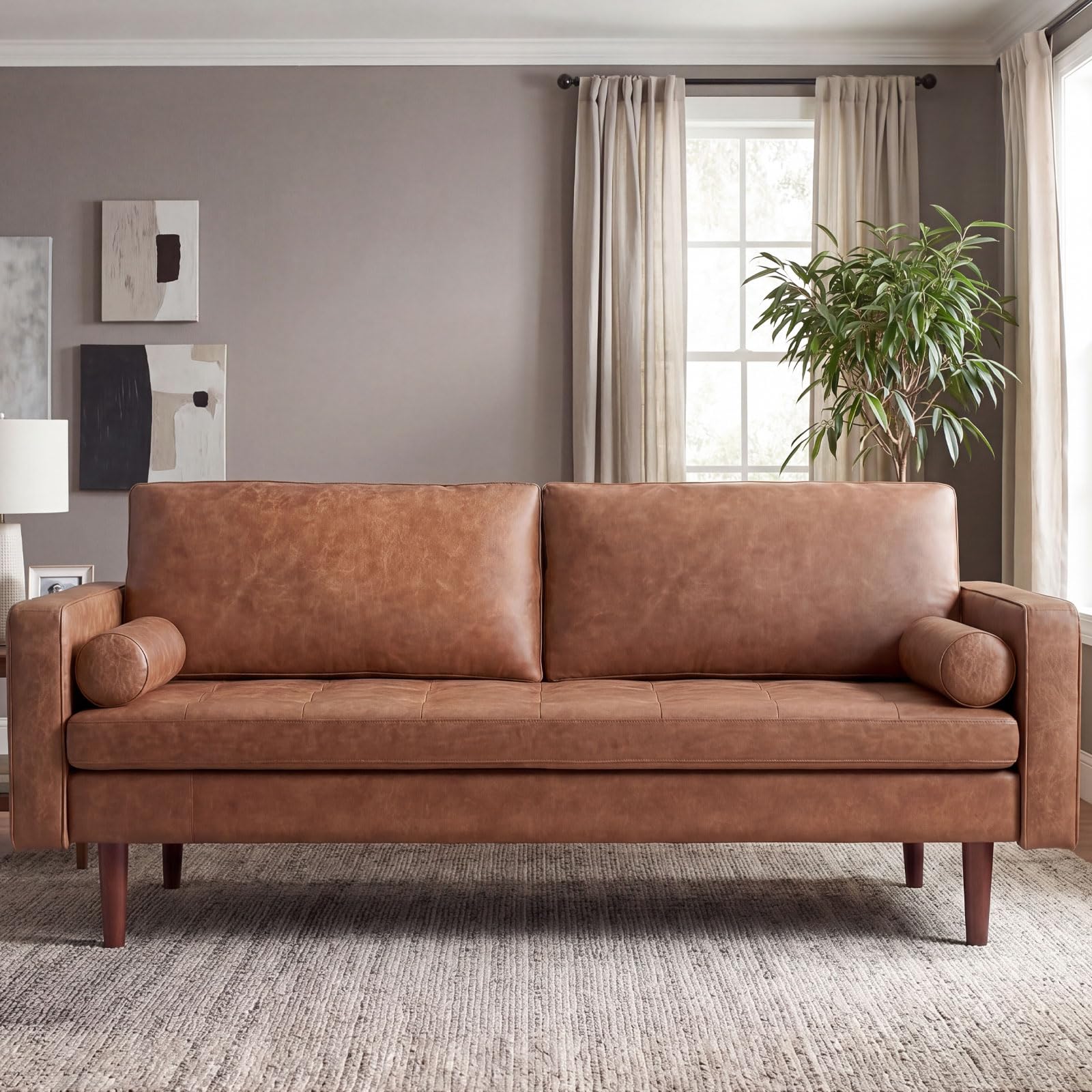 Photo 1 of ** SEE NOTES ****Meeyar 70" Mid-Century Modern Faux Leather Sofa, Comfortable Button Tufted Loveseat Couch with Bolster Pillows & Solid Wood Legs for Living Room, Apartment, Office, 1100lbs Capacity, Brown