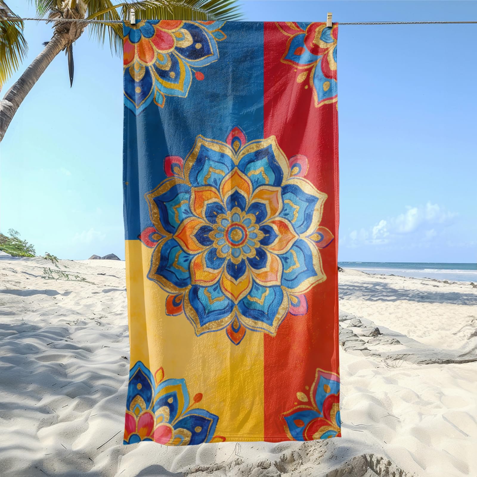 Fouta PlageJaune Bleu Rouge Floral Modèle Surdimensionné avec Diverses Tailles, Respirante et Portable, Parfaite pour Voyages Sorties Piscine et Usage Extérieur Quotidien 90x160 cm