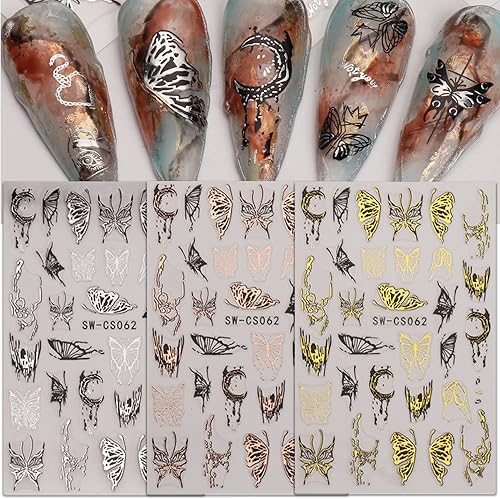 Miniatura 5 de 9 hojas de calcomanías de mariposa para arte de uñas, diseño de mariposas doradas, plateadas, champán, negras, calcomanías de transferencia de uñas,