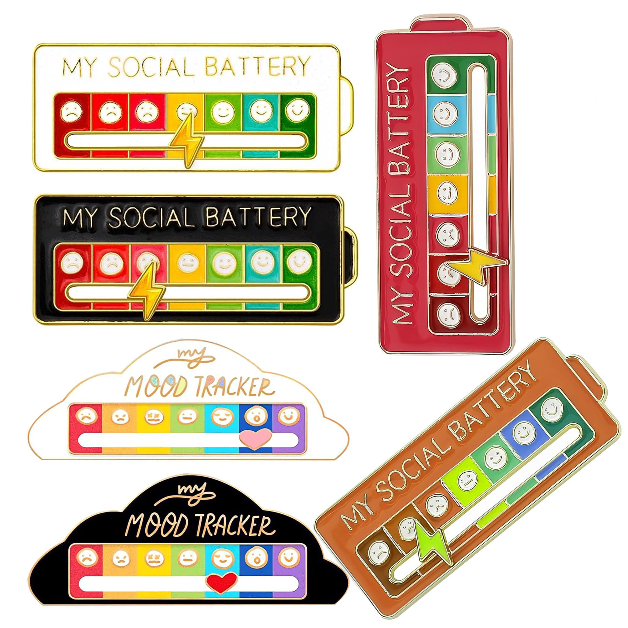 My Social Battery Pins, 6 szt. broszka do konwersji nastroju, przypinka do baterii społecznej, przypinka z przesuwaną regulowaną zabawną społeczną plakietką na baterię, kreatywny śledzenie nastroju,