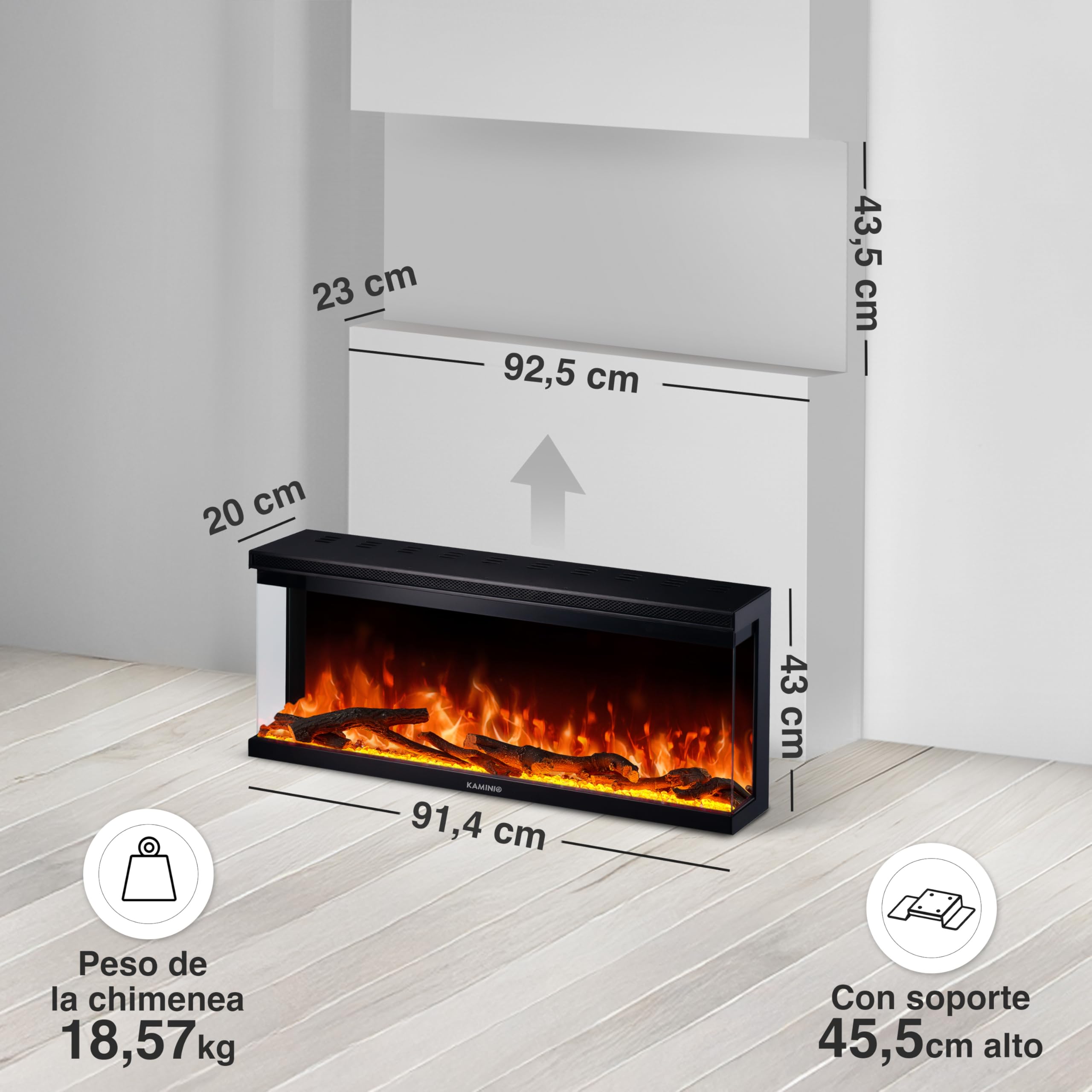 KAMINIO Eléctrica Chimenea Lea - Chimenea eléctrica 3 en 1 con Vista panorámica, calefacción, Efecto de Llama 3D, 12 Colores de Llama (36 Pulgada)