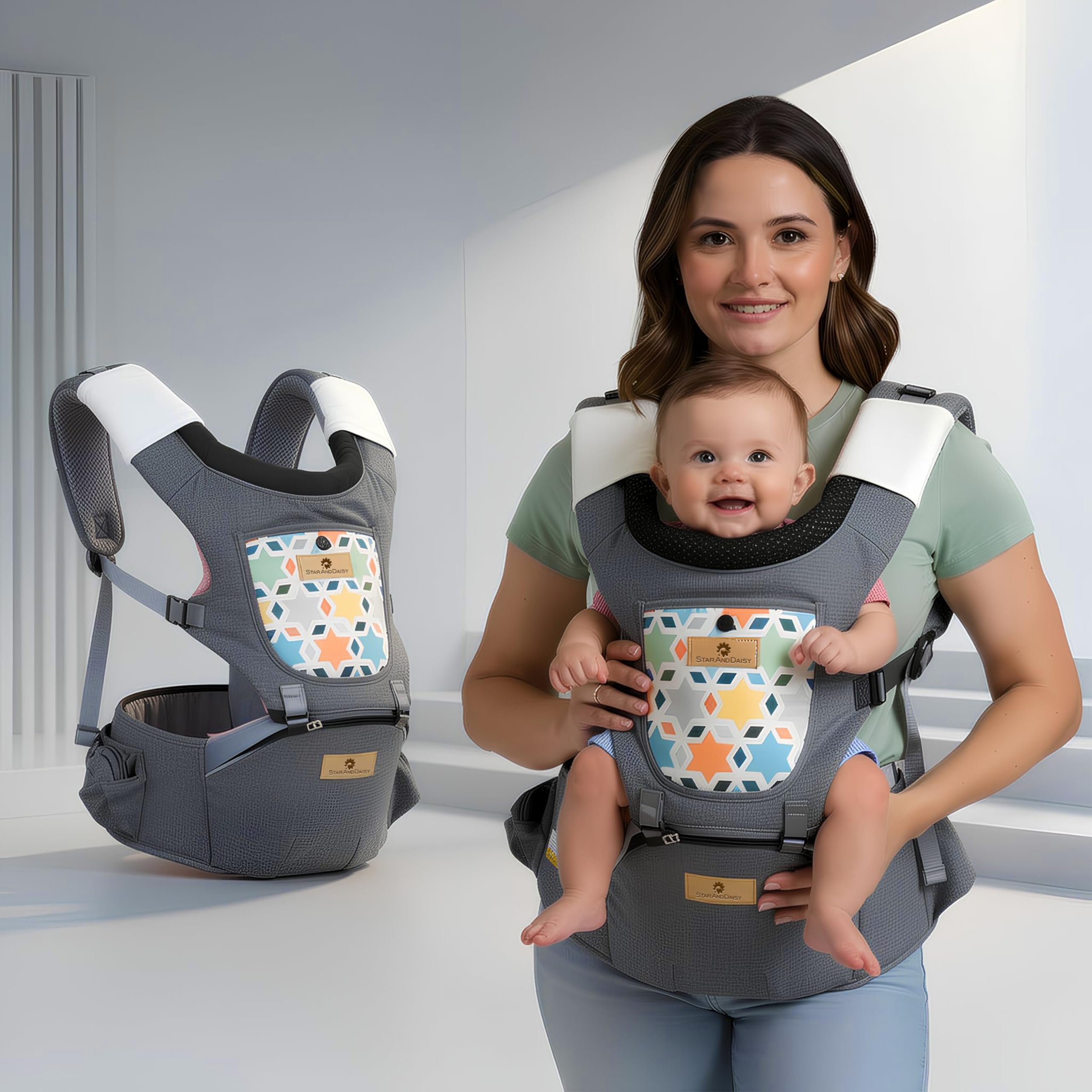 StarAndDaisy 4 in 1 Baby Carrier with Hip seat, 4 Carry Positions, Baby Carrier for 6 to 24 Months Baby, Adjustable New-Born to Toddler Carrier.