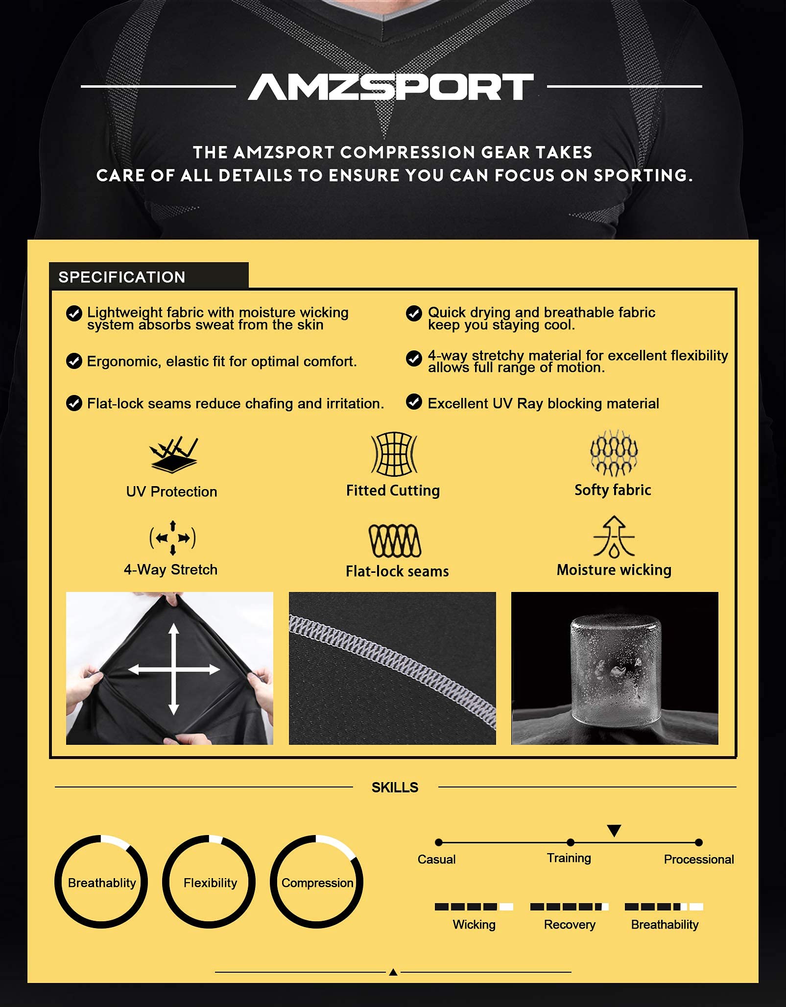 AMZSPORT Camicia a Compressione da Uomo, Maglietta a Maniche Lunghe Cool Dry Layer Fitness Top