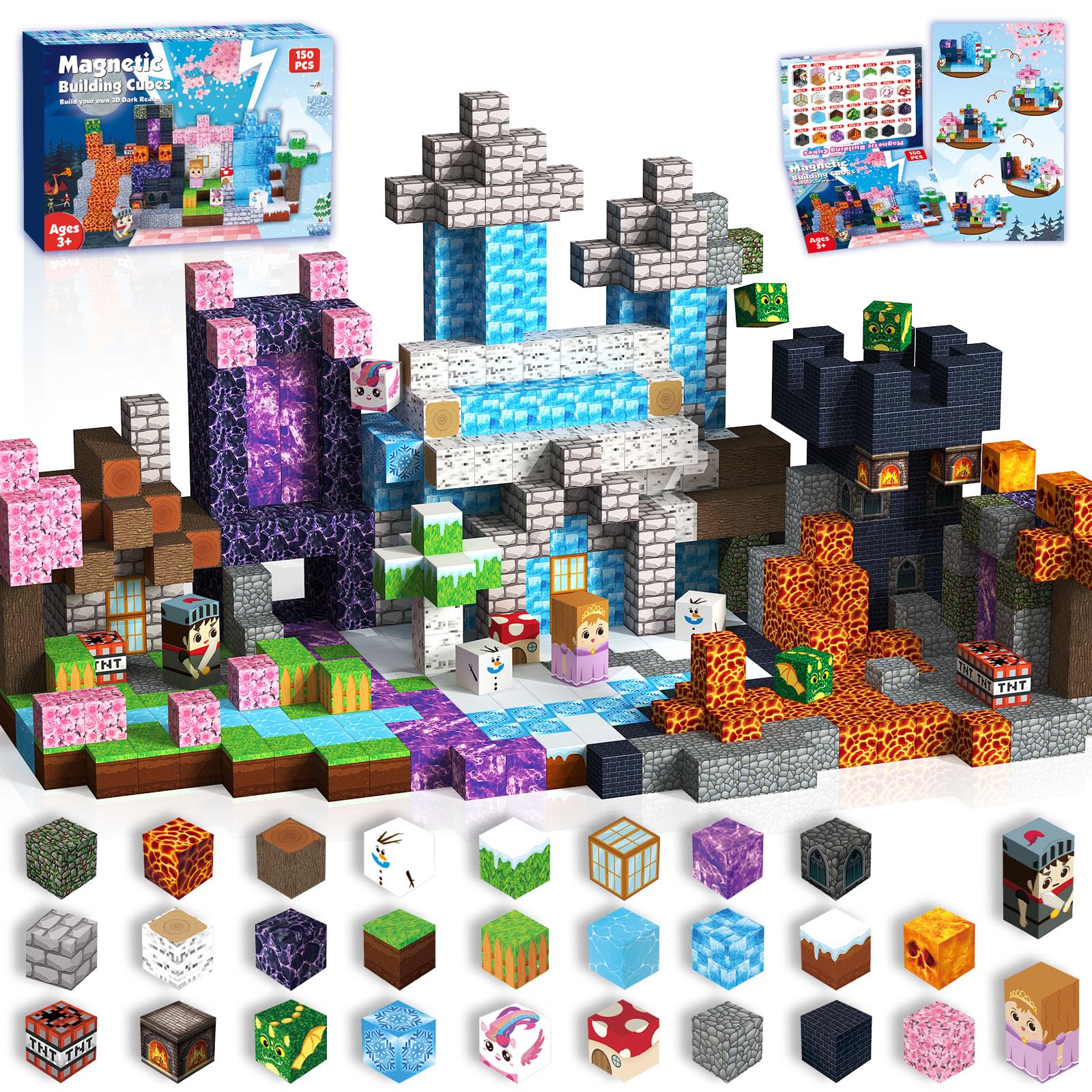 Magnetic Blocks-150PCS Magnetic Building Blocks Magnet Cubes Stacking Dark Forest Glacier Castle, STEM Montessori Sensory Toys for Kids Boys Girls Ages 4-8 Holiday Birthday Easter Gifts