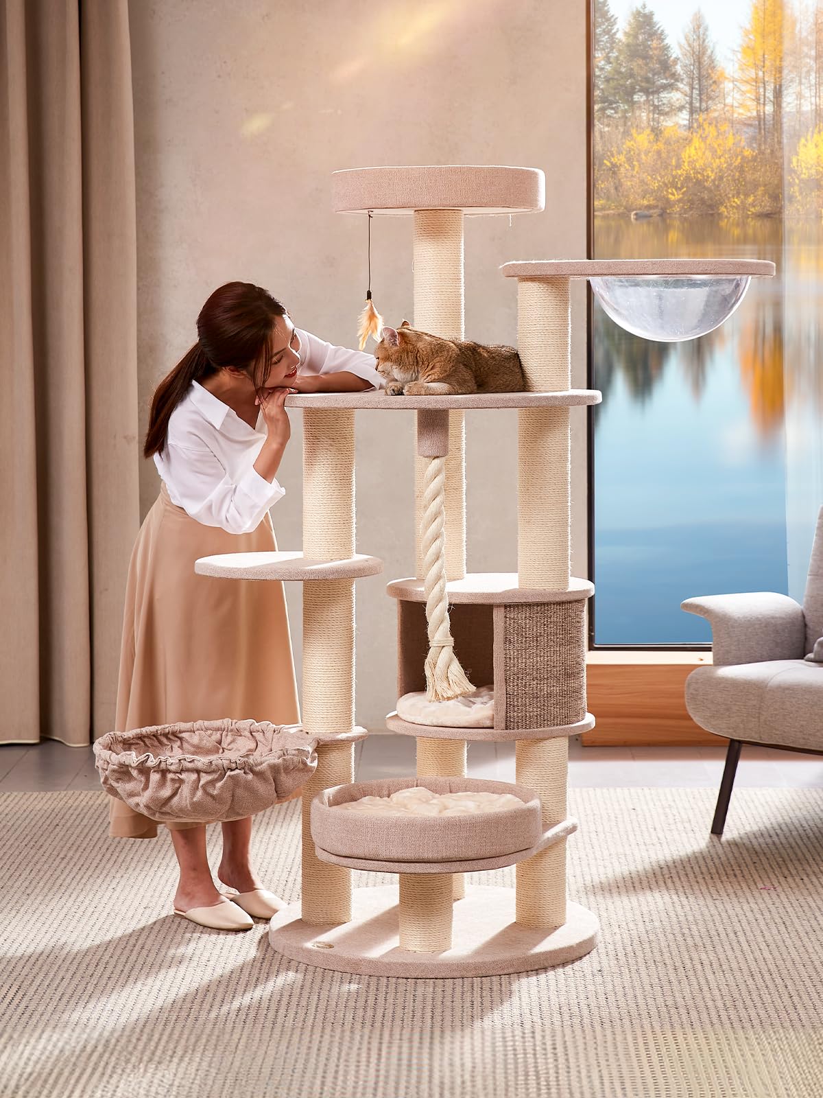 High-End Extra Large Cat Tree Tower, Premium Rubber Wood Made, Scratching Posts, Cat Condo, Cat Nest, Transparent Space Capsule, Removable Soft Cushion Bed, Super Stable (150x70x165cm)