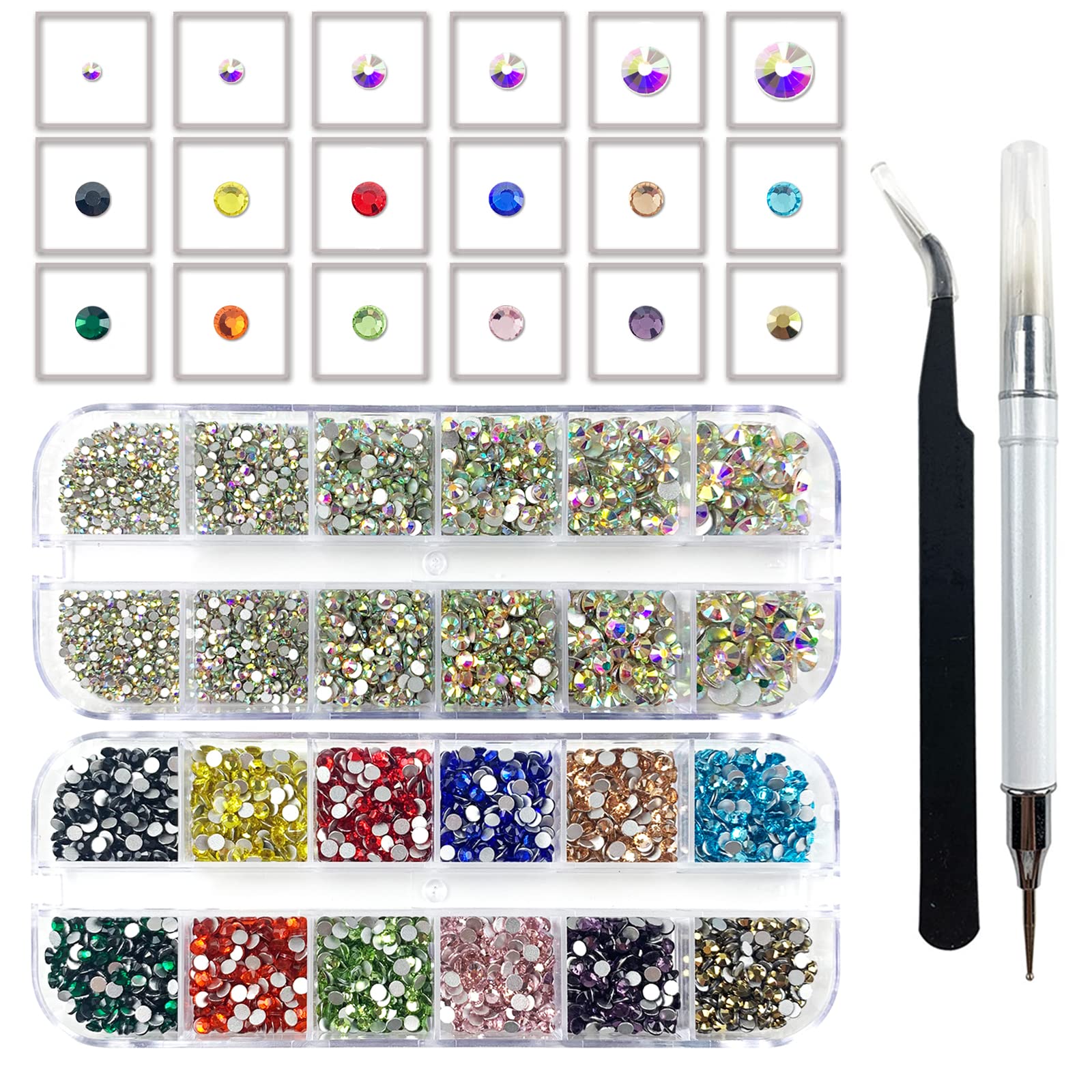 4860Pcs Flatback Rhinestones - Colorful Craft Rhinestones and Round Gems for Clothes Shoes Bags Decoration with Picker Pencil and Tweezer (AB+Multi Color)