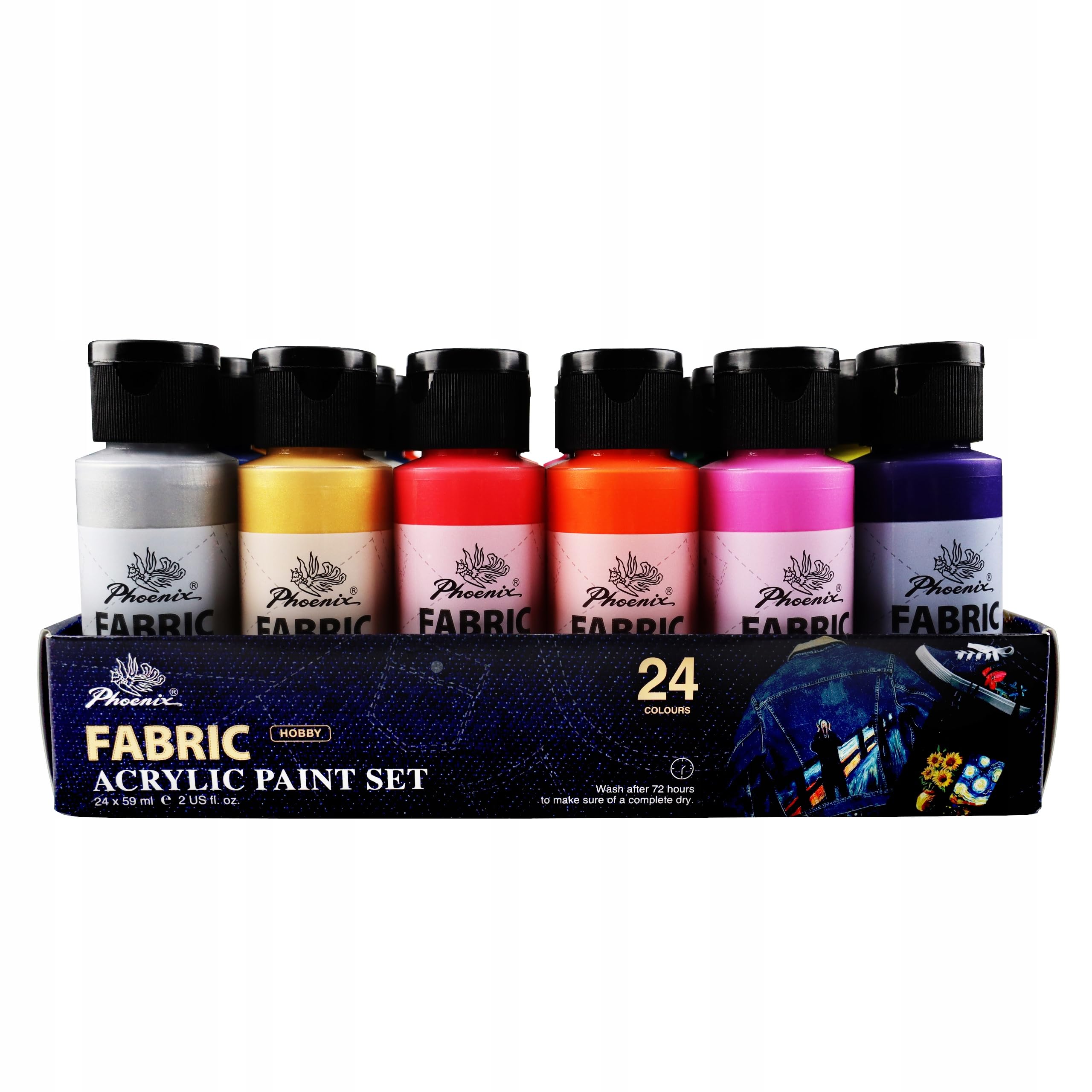Phoenix Textilfarben Set 24x59 ml, Stofffarbe für helle & dunkle Stoffe (inkl. Neon, Metallic, Perlmutt), Waschfeste Farben für Kleidung, T-Shirts & DIY, Stoffmalfarben ohne Fixieren