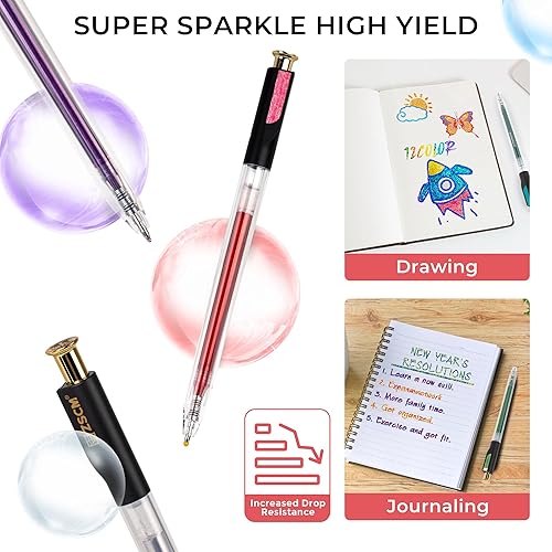 Miniatura 5 de Bolígrafos de gel retráctiles con purpurina superbrillante, 12 colores de gran capacidad, bolígrafos de tinta de gel con brillo metálico de 0.039 in