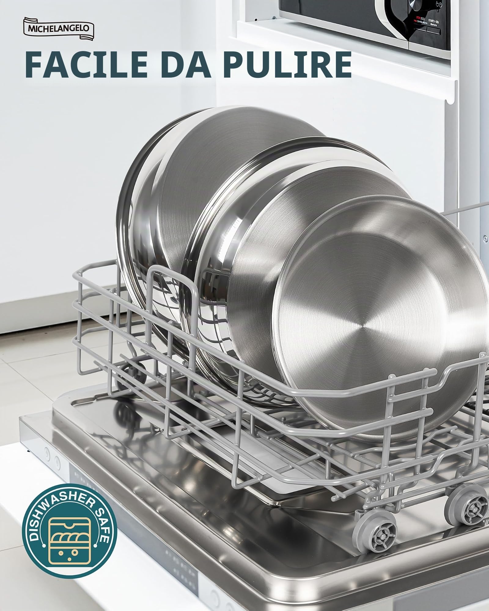 MICHELANGELO Set di padelle in acciaio inox con manico rimovibile, base tripla, compatibile con induzione, 20,3 cm, 24,1 cm e 28 cm