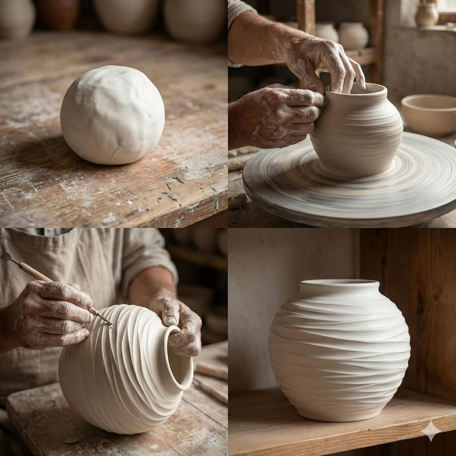 White Ceramic Vase for Home Decor - Rustic Farmhouse Flower Vase, Hand-Carved Spiral Texture, Decorative Round Pottery Vase for Living Room, Table, Shelf, Centerpiece (Matte White) - Medium