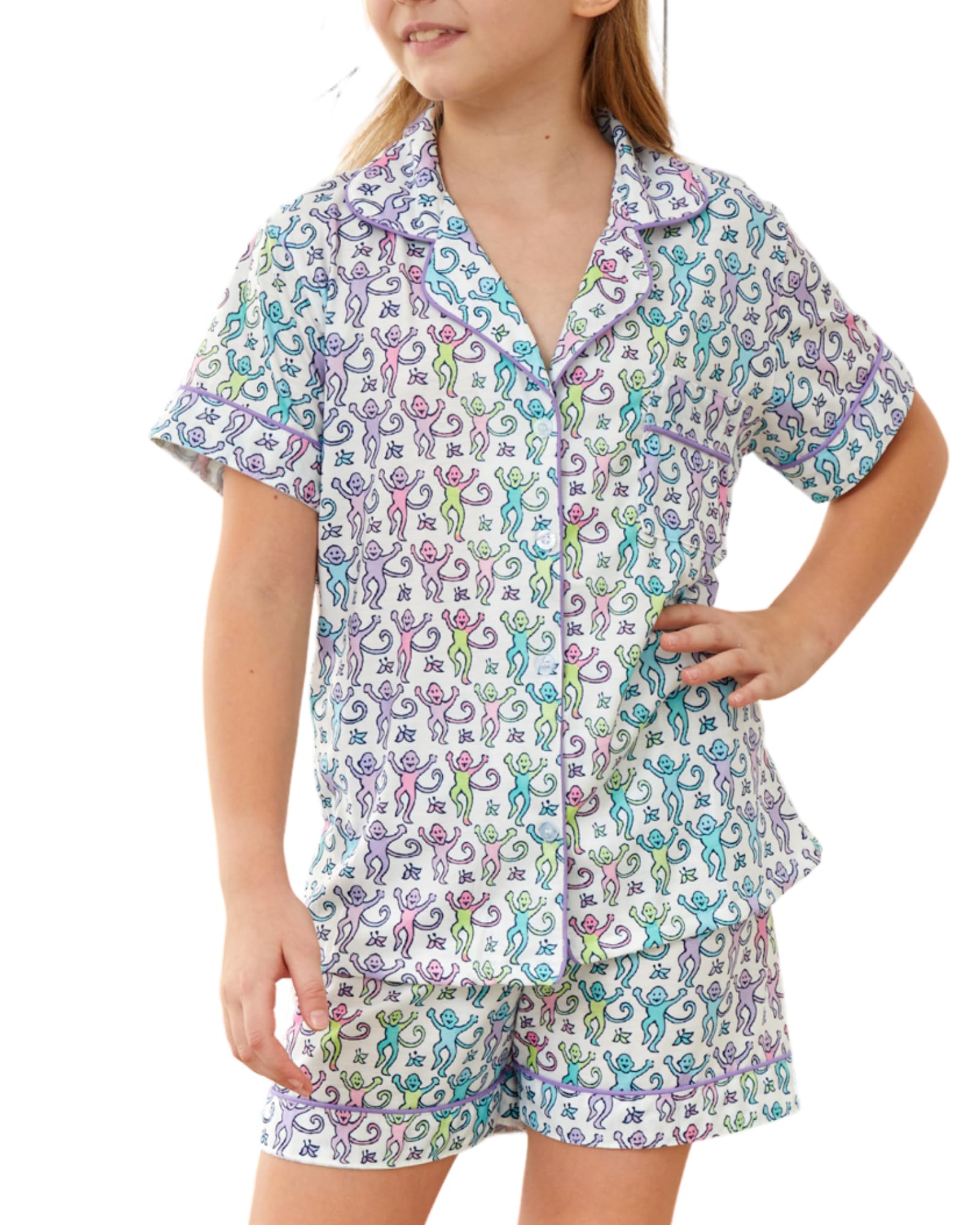 Girls Pajamas Sets, Kids Monkey Button Down Sleepover Loungewear