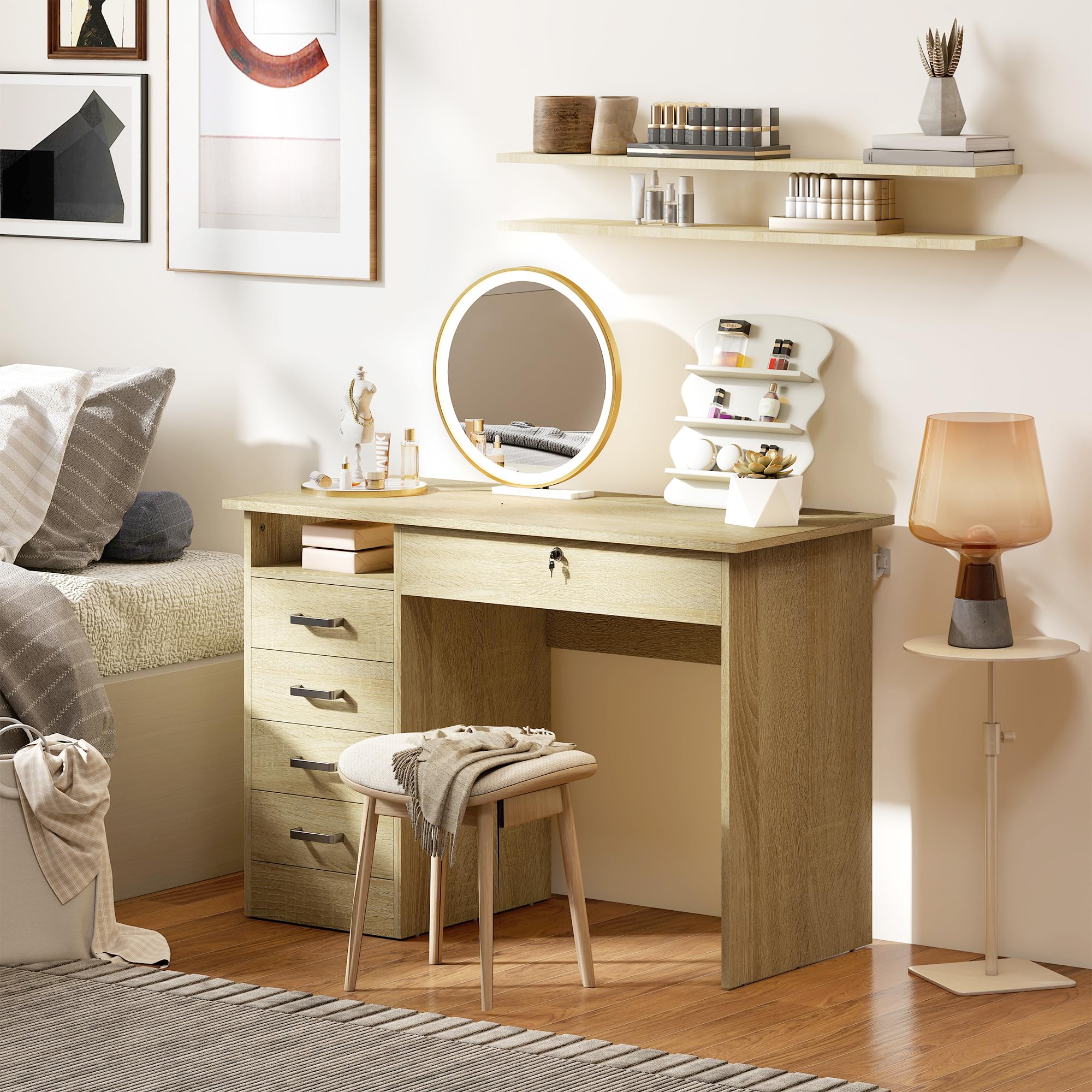 HOMCOM Tavolo per computer moderno con 5 cassetti, ampio piano, 1 scomparto aperto, cassetto con serratura, 110 x 50 x 76 cm, rovere