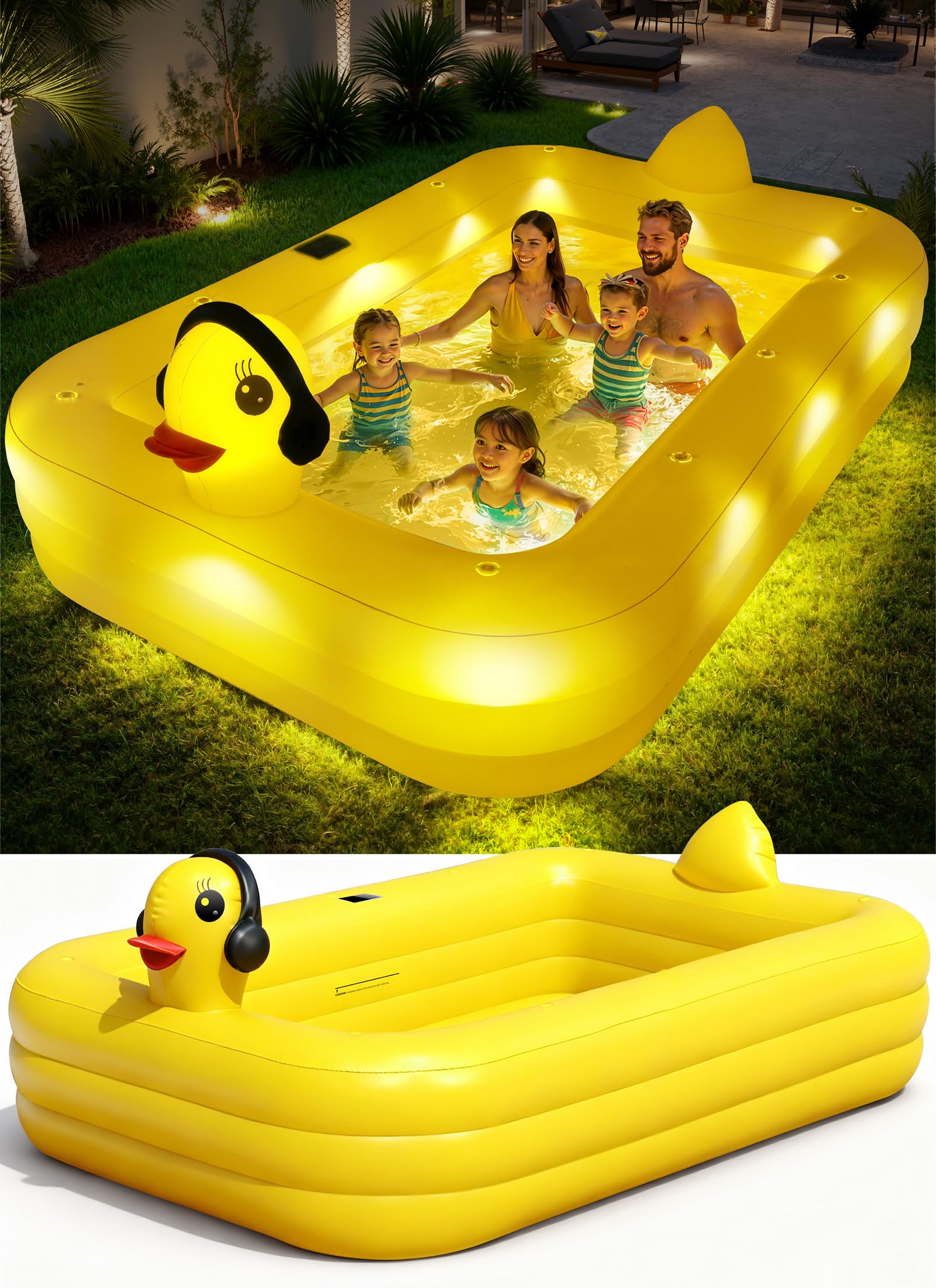 KingSom Piscina Hinchable con Luces, Anatra Piscina Inflable Solare, Piscina Hinchable Rectangular Grande para Niños y Adultos, 254 x 160 x 56 cm Piscinas Hinchables Familiar para Jardin, Exterior