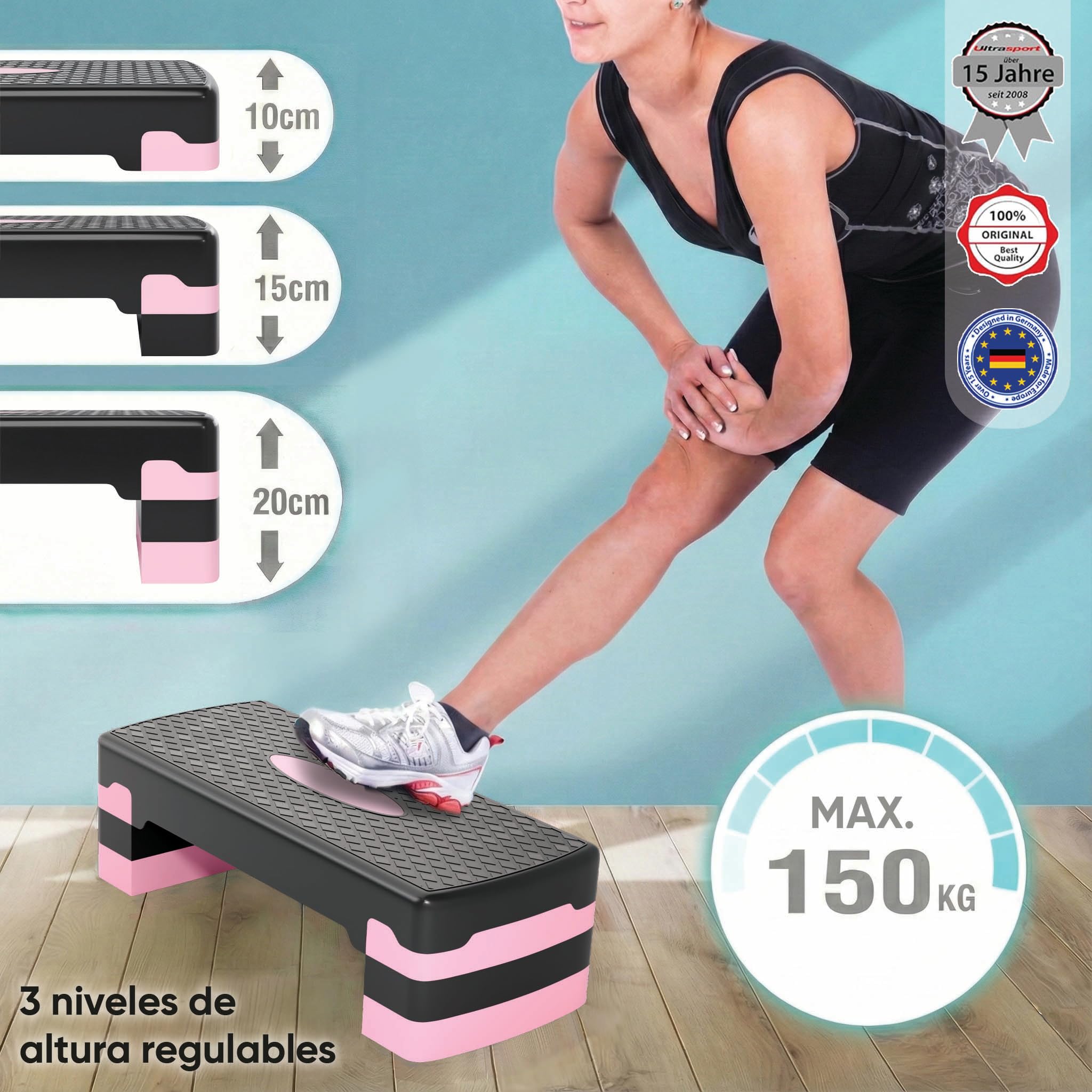 Ultasport Step de Aeróbic I Steps Fitness I Antideslizante, Ajustable en 3 Alturas I Stepper para Ejercicio en Casa, Stepboard, Stepbench 68 x 28 cm, Rosa