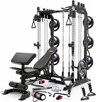 MiM USA Pro Master All in One Home Gym Smith Machine & Functional Trainer | 2000LB Capacity, Adjustable Bench, Arm Curl, Complete Attachment