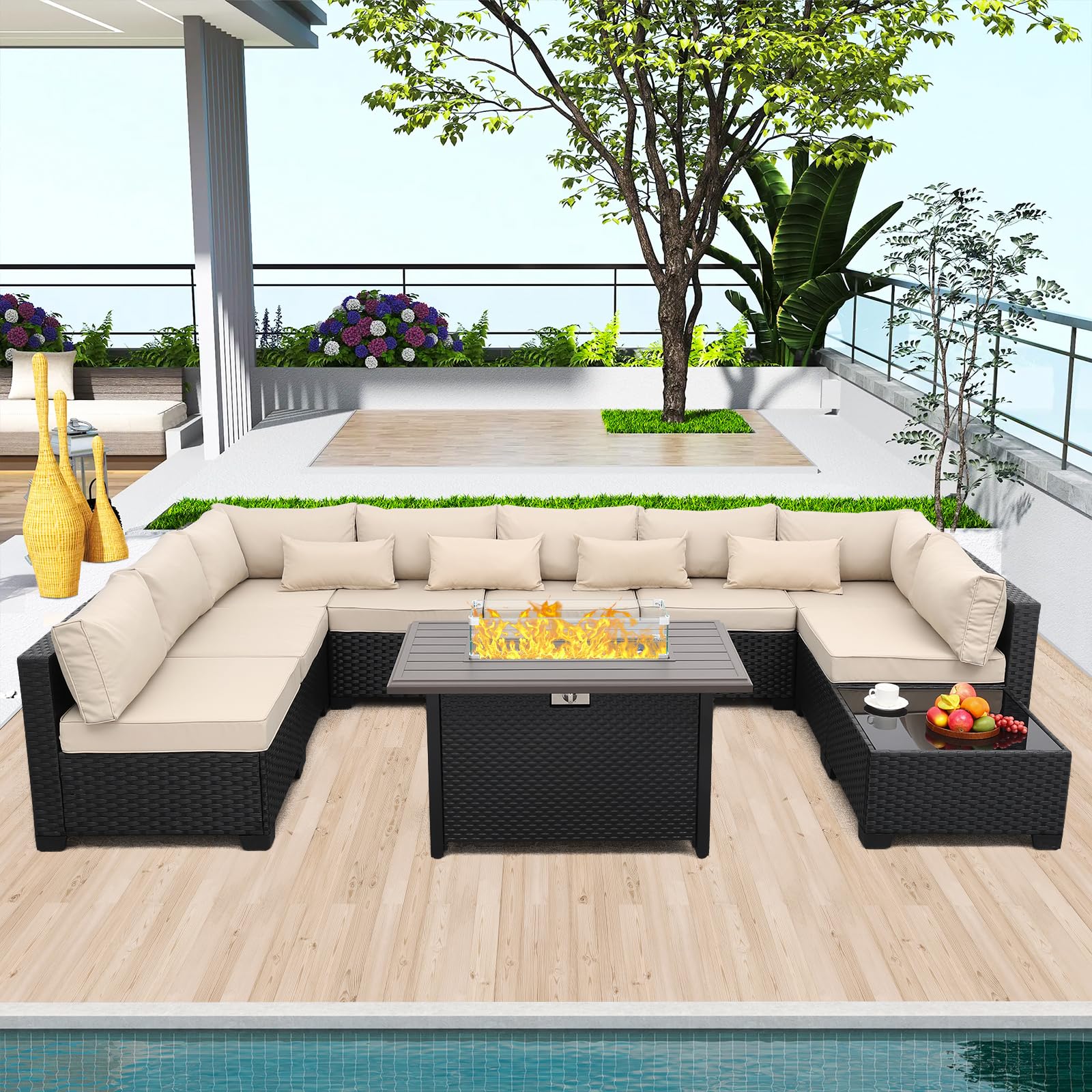 Rattaner 10-Piece Sectional with Fire Table