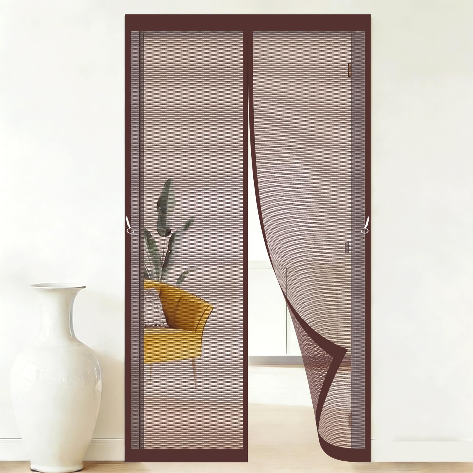 Fly Screens for Doors 300 x 400 cm Self-Sealing Mesh Powerful Magnets and Adhesive Strips, Hands-Free Closing Magnetic Fly Screen Doors for Outdoor, Gym, Sun House Porch, Brown
