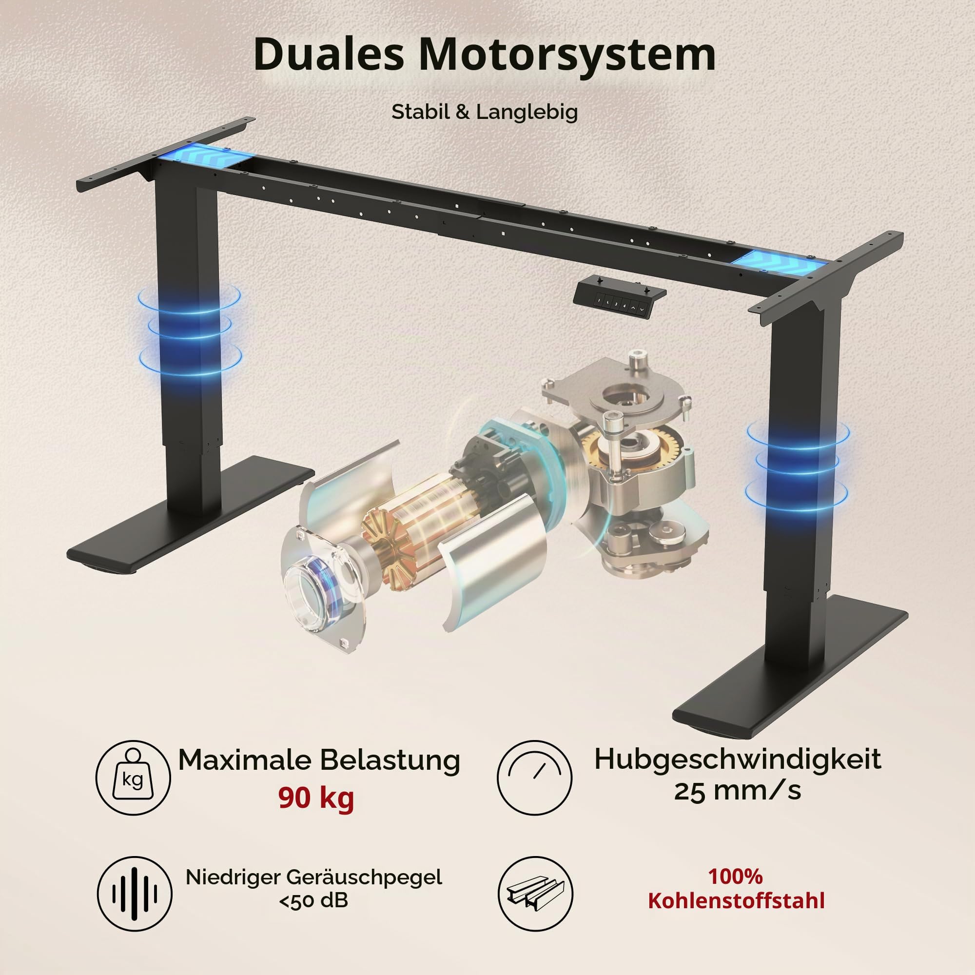 SANODESK Höhenverstellbarer Schreibtisch mit Dual-Motor 180 x 80 cm | Große Arbeitsfläche, 72–121 cm höhenverstellbar, 90 kg belastbar, 4 Speicherpositionen, leiser Antrieb (Braun+Schwarz)