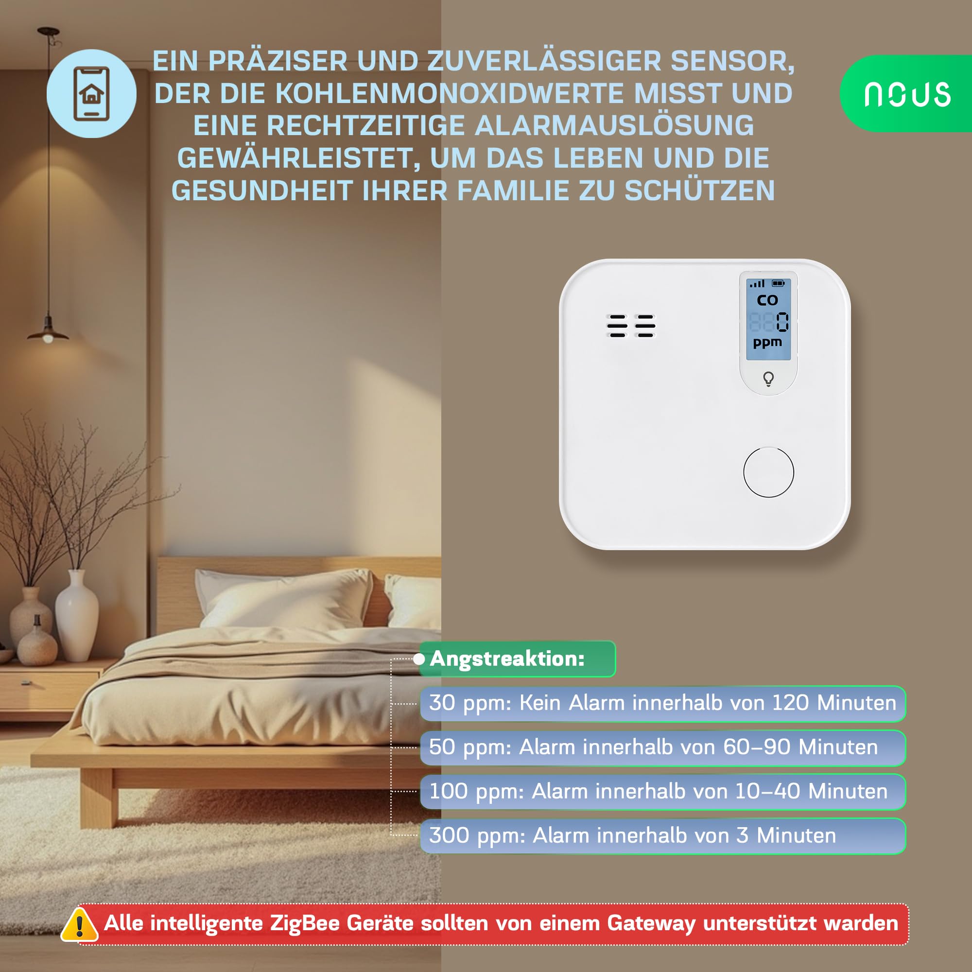 NOUS E12 ZigBee Kohlenmonoxidmelder mit LCD-Anzeige, 85 dB Alarm, App-Benachrichtigung, 10 Jahre Sensordauer, kompatibel mit Alexa & Google Home