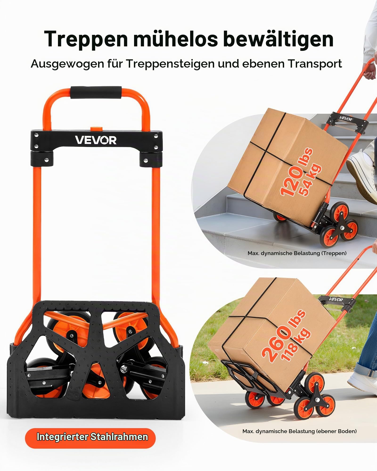 VEVOR Treppensackkarre klappbar, Sackkarre 54 kg Tragkraft, Treppensteiger mit Teleskopgriff, 6 Rädern & 2 Spanngurten, Transportkarre, Treppenkarre, ideal für Haushalt, Einkauf & Lager