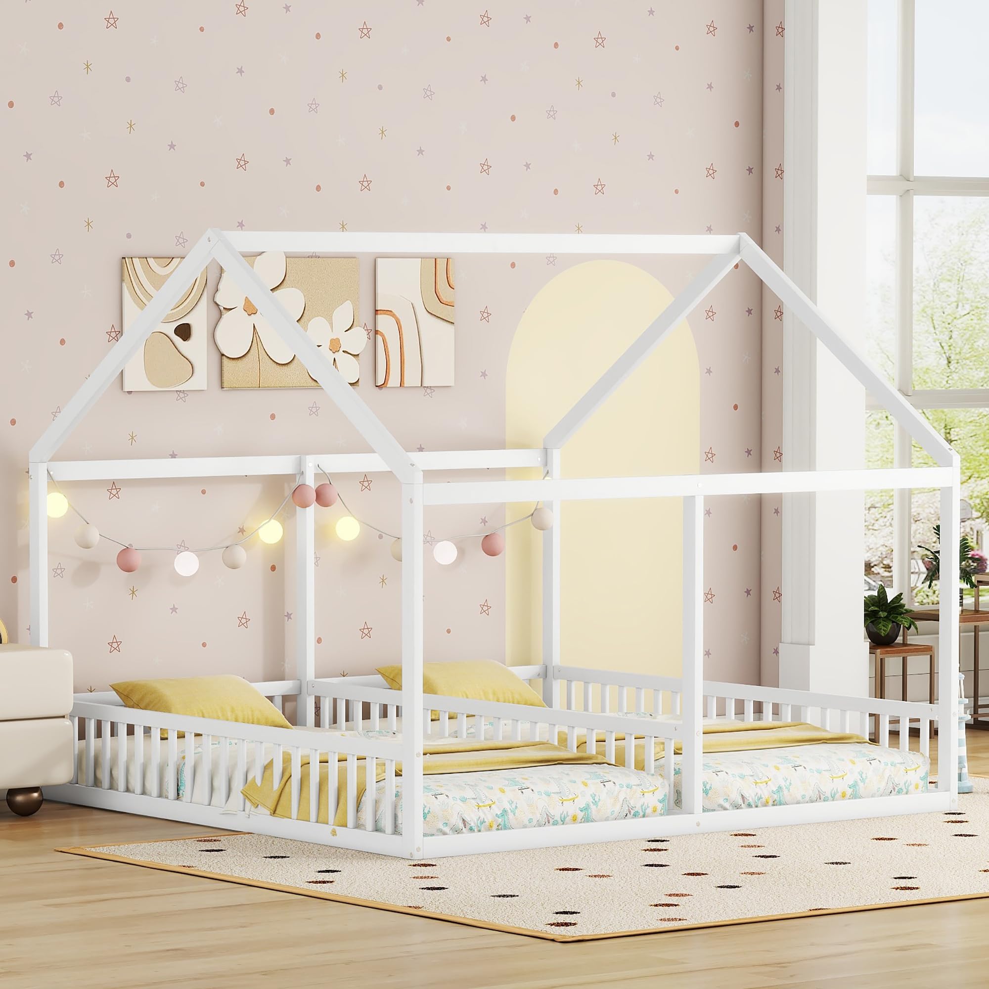 Rtopsu Letto per Bambini Letto Matrimoniale 90x200 cm, Letti a Soppalco con Rete a Doghe in Legno per 2 Ragazzi, Letti Casa con Protezione Anticaduta, Bianco, Senza Materasso
