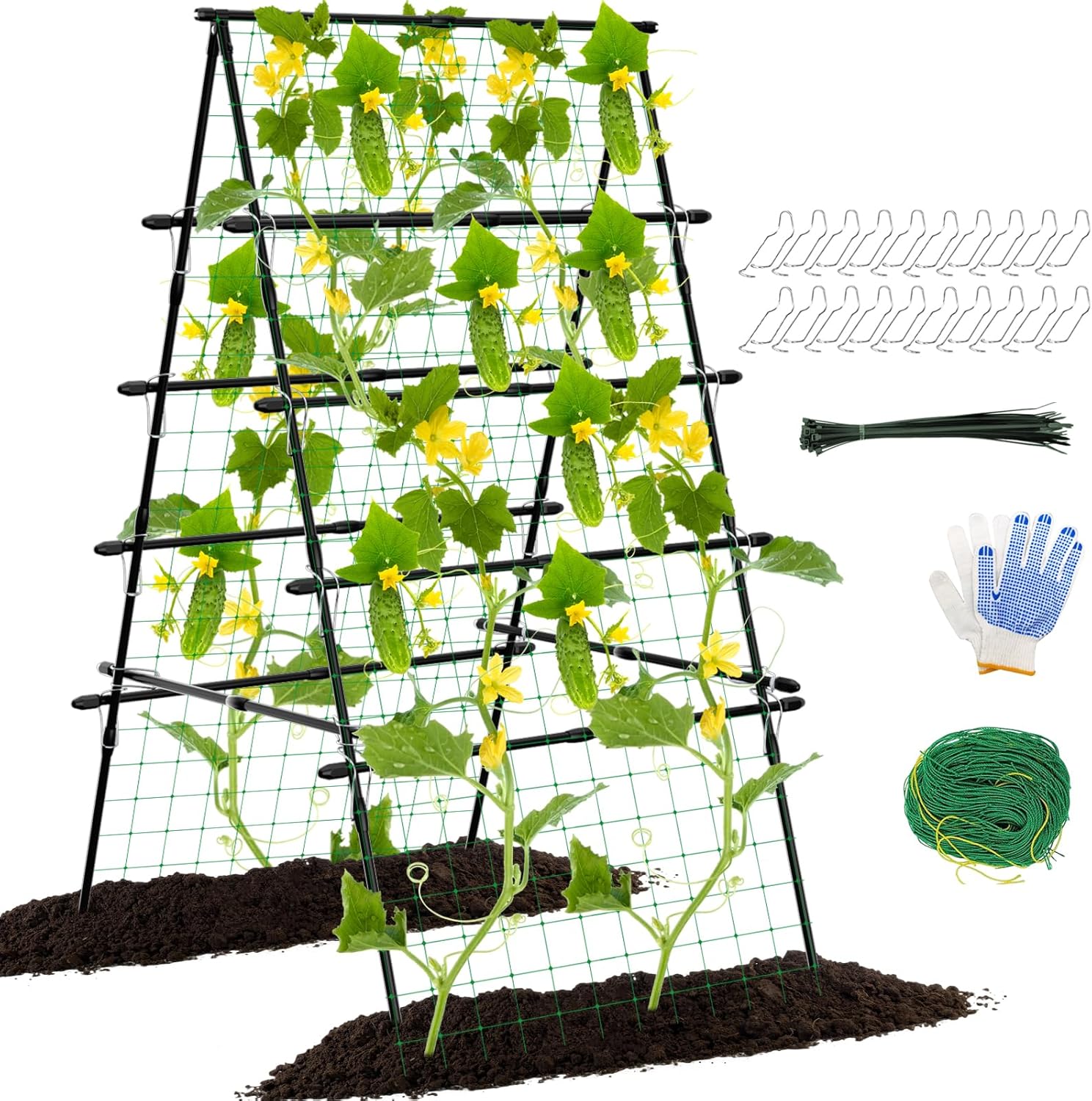 6ft Cucumber Trellis for Raised Bed, Garden Trellis for Climbing Plants Outdoor, A Frame Metal Trellis Support with Net for Vegetables Tomato Zucchini Squash Beans Peas Melons, Rose Flowers,Vines