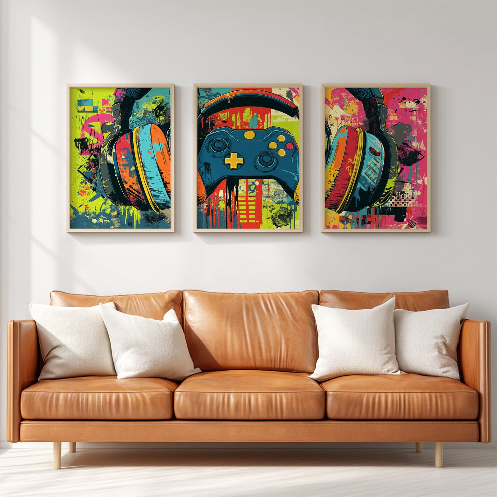 Générique 3 Pièces Street Art Graffiti Tableau Decoration Murale, Impression sur Toile Jeu Manette Casque pour Maison Déco, Toile Peinture Affiche Chambre Bureau 50 x 70 cm