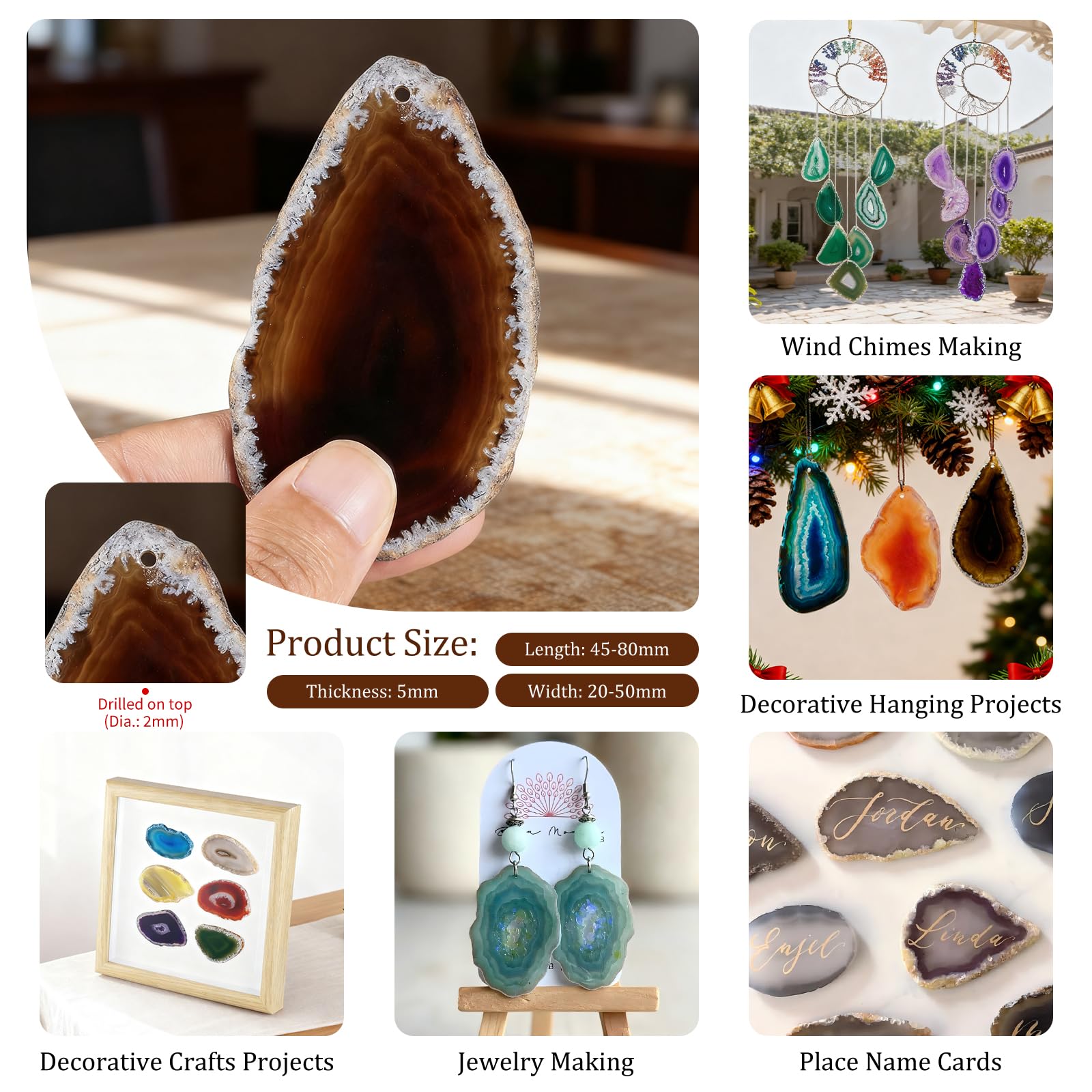 KYEYGWO 10 Stück Natürliche Achat Scheiben Anhänger für Schmuckherstellung, Top Gebohrte Heilender Kristall Geode Achate Unregelmäßige Polierte Steine