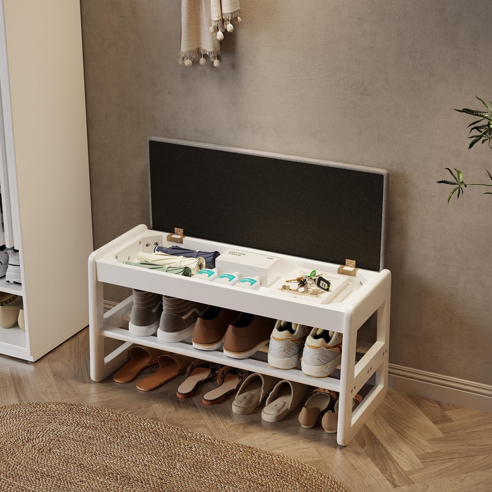 AQIMUELE Small Shoe Bench with Cushion, Shoe Bench Storage with Seat, Wooden Shoe Rack 2-Tier, Hidden Flip-Top Seat, for Hallway, Entryway, Living Room, Bedroom, 30 x 80 x 40 cm (White)