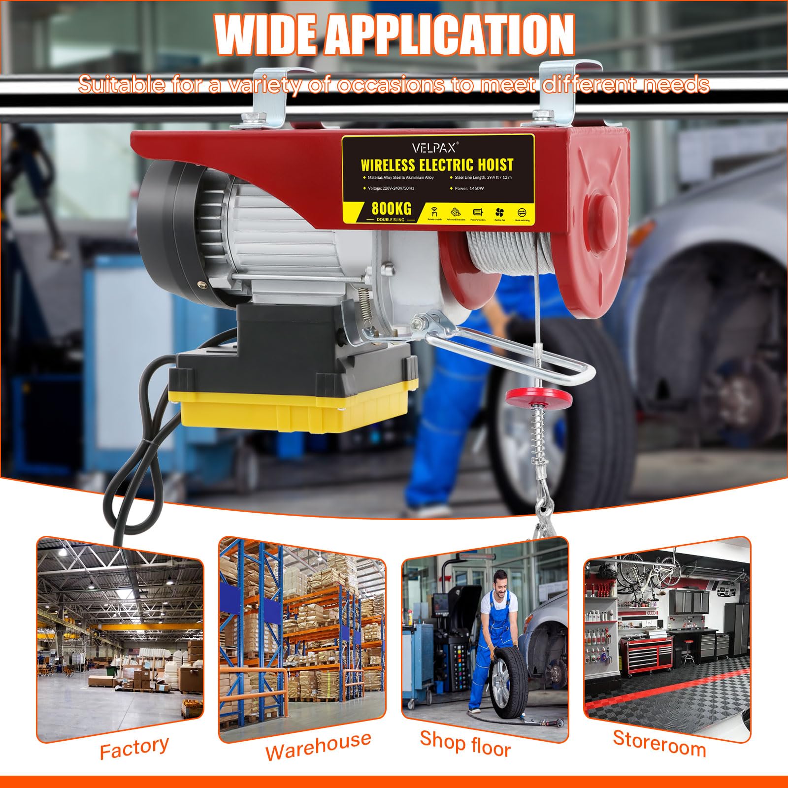 Elektrische Seilwinde 800kg 12m 1450W 10m/min Hebezug mit kabelloser Fernbedienung