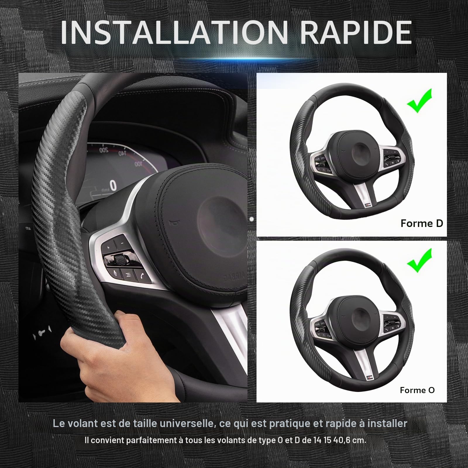 Caches De Volant pour Tesla Model 3 2017-2023 Model Y 2017-2024, Fibre de Carbone Couvre Volant, Housse Volant Protecteur de Volant Antidérapant, Noir Kit d'enveloppement de Volant pour Tesla