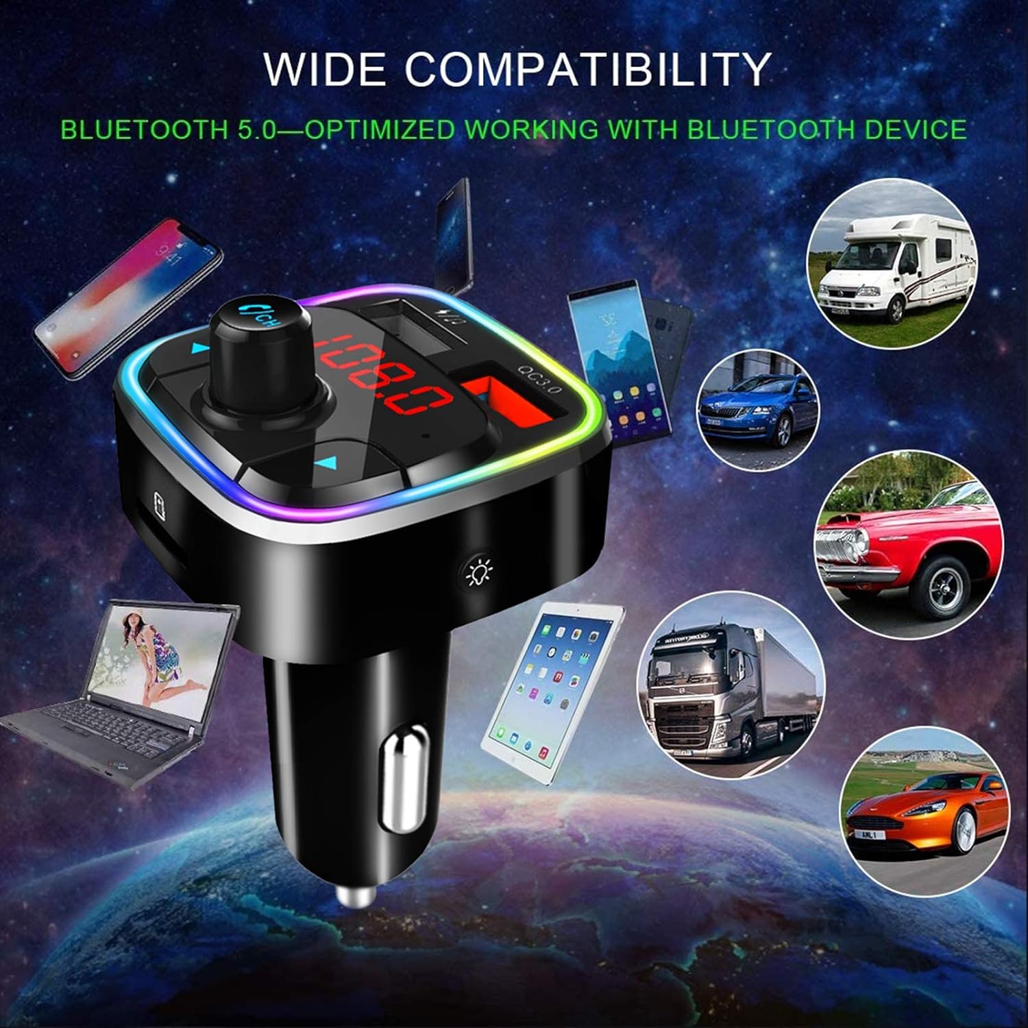 Bluetooth FM Transmitter for Car, Wireless Bluetooth Car Radio Adapter,Mp3 Music Player Car Kit with Hands-Free Calling and QC3.0 car Charge,LED Backlit, TF Card/USB for All Smartphones Audio Players : Everything Else