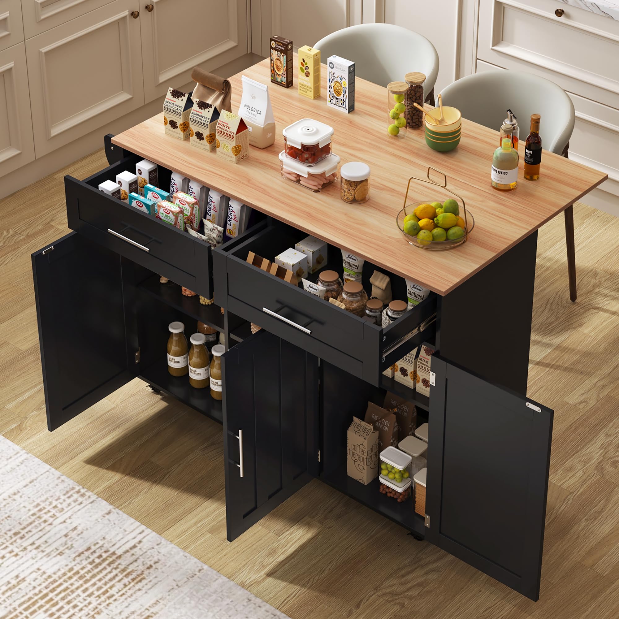 FammyLoft Kitchen Island on Wheels, Rolling Storage Trolley with Foldable Tabletop, Multifunctional Kitchen Cabinet wirh Adjustable Shelves & Towel Rack, Sideboard for Dining & Living Room, Black