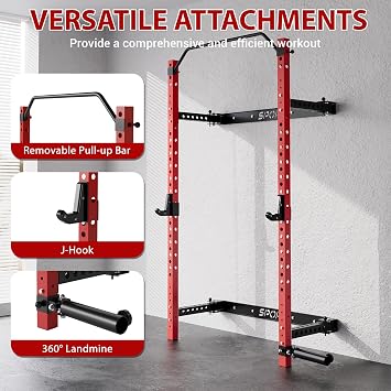 GlowSol Folding Wall Mounted Squat Rack, 2.36 x 2.36 Power Racks for Home Gym, 1000 LBS Capacity Squat Rack with Pull Up Bar, J Hooks and Ladmine Attachments