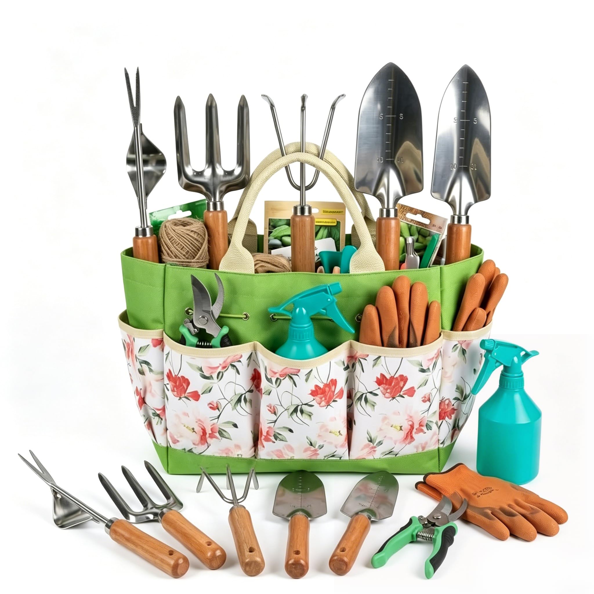 Gartenwerkzeug Set 9-teilig, Edelstahl Gartengeräte mit Aufbewahrungstasche, Gartenschere, Sprühflasche, Gartenhandschuhe, Unkrautstecher, für Gartenarbeit, Balkon, Geschenk für Gärtner