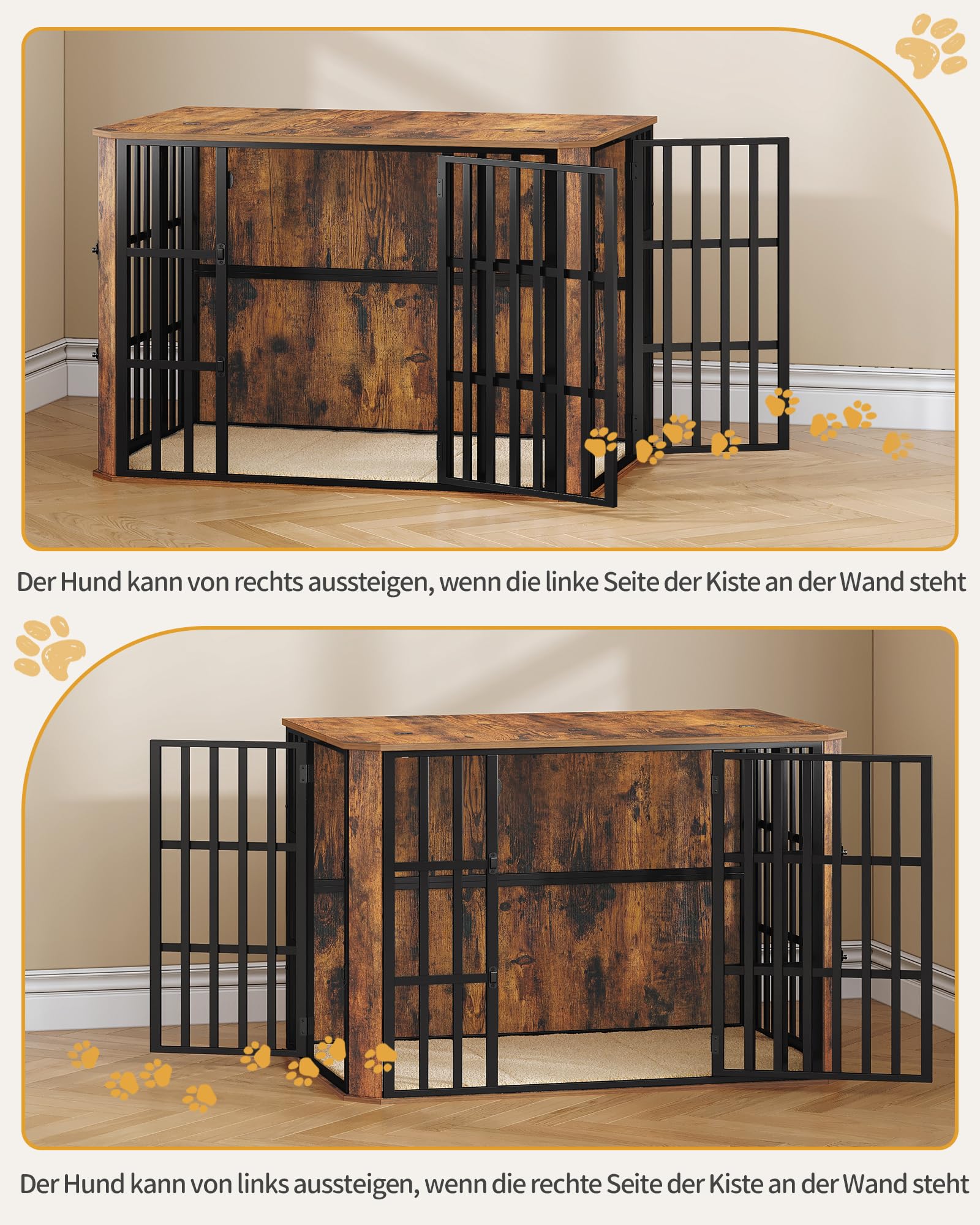 Hzuaneri Hundekäfig Möbel, Hochbelastbar Hundebox aus Holz für den Innenbereich mit Futtertür Oben, Mehrtür-Design, Großer Hundekäfig-Beistelltisch, 120 x 75 x 81 cm, Vintage Braun DFC86801B