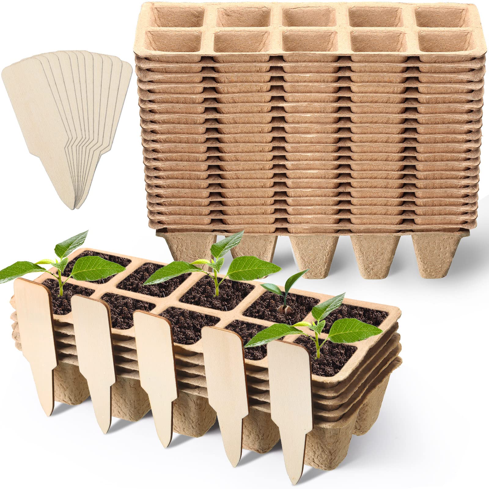 Chumia 40 Packs Seed Starter Tray 400 Peat Pots Plant Starter Trays Seed Starter Pots Seedling Trays Plant Germination Trays with 40 Pcs Wooden Plant Labels for Indoor Outdoor Garden Planting