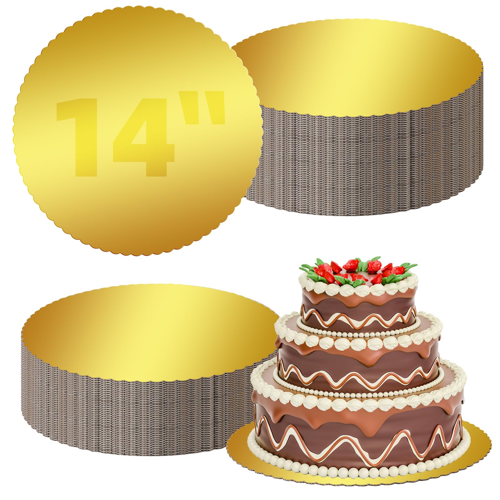 50 piezas de base redonda para tartas de 14 pulgadas, placas desechables para tartas, placa circular resistente de cartón festoneado para decoración de pasteles, pizza, pasteles, fiestas de
