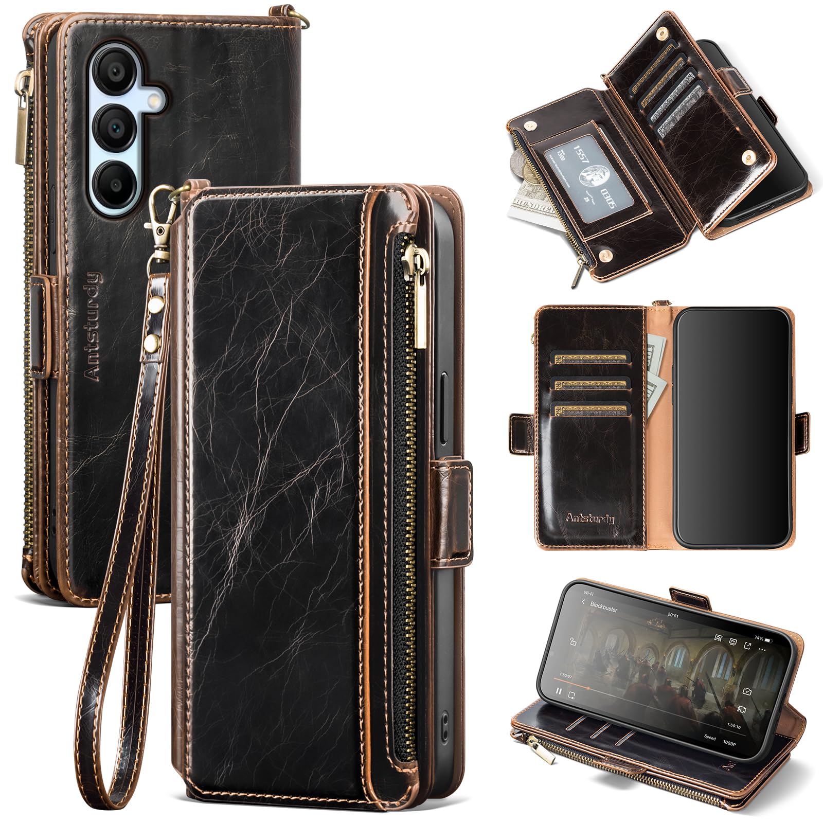 Antsturdy Compatible with Samsung Galaxy A16 5G Case Wallet with Card Holder Women Men Phone Case RFID Blocking PU Leather Flip Protective Cover Wrist