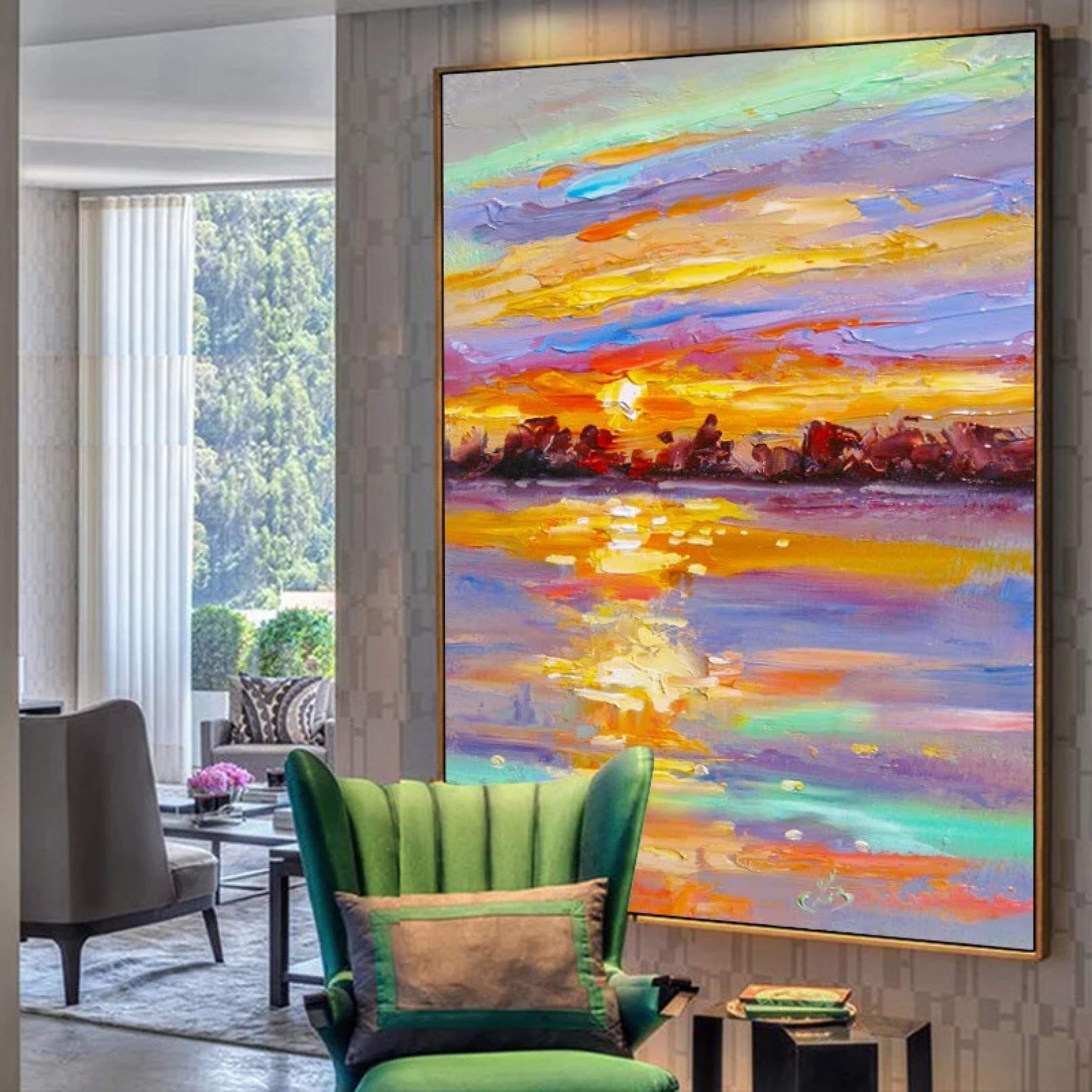 BAJIE Pittura Dipinta a Mano Astratta Tramonto Paesaggio Pittura a Olio su Tela Wall Art Immagine Senza Cornice Decorazione per Live Room Home Decor
