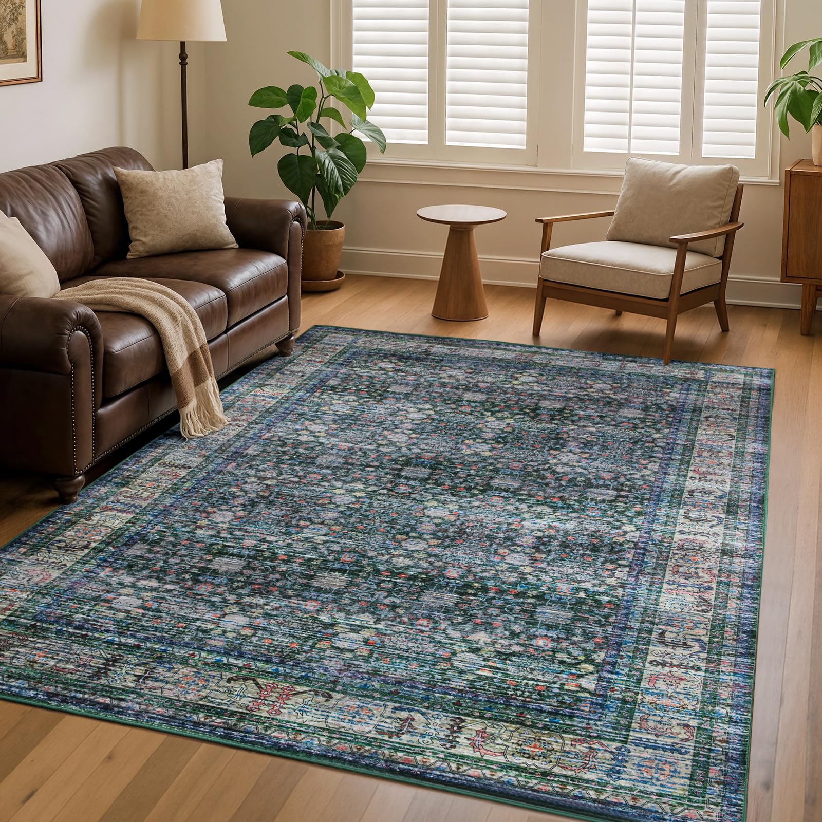 5x7 feet Vintage Area Rug for Living Room Bedroom, Machine Washable Non Slip Indoor Rug, Thin Throw Floral Floor Low Pile Distressed Carpet for Office Nursery Dining Room Green/Multi